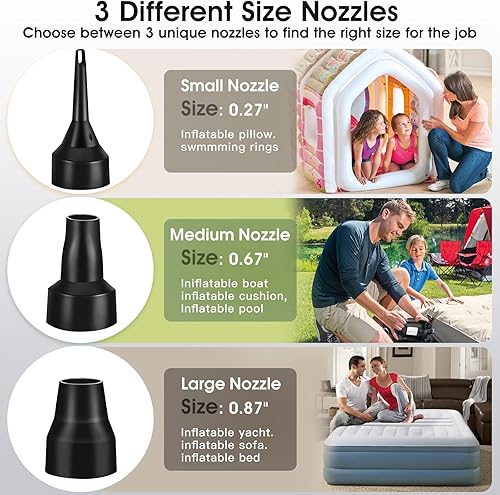 Miniatura 2 de Bomba de aire eléctrica para inflables, bomba de aire portátil con 3 boquillas, bomba de colchón de aire de llenado rápido de 5 Kpa, bomba de aire