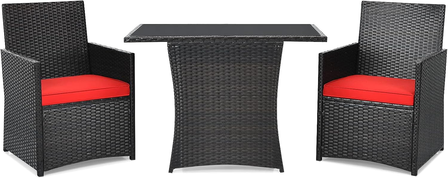 RELAX4LIFE 3-Piece Outdoor Furniture Set - All Weather Wicker Rattan Patio Dining Set w/Tempered Glass Coffee Table & Cushions, Bistro Conversation Set for Yard, Balcony (Red)