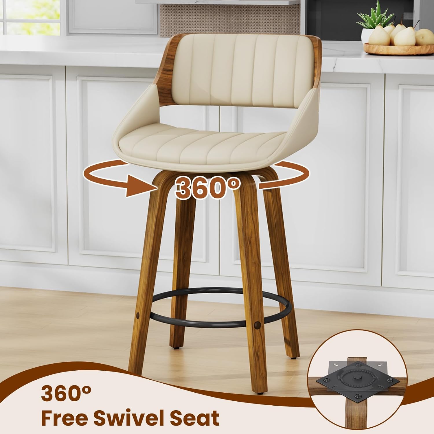 Bar Stools Set of 3, 26" Swivel Counter Height Barstools with Walnut Bentwood Back and Legs, Mid-Century Modern Faux Leather Upholstered Cream Bar Chairs for Kitchen Island, Café, Dining Room, Beige