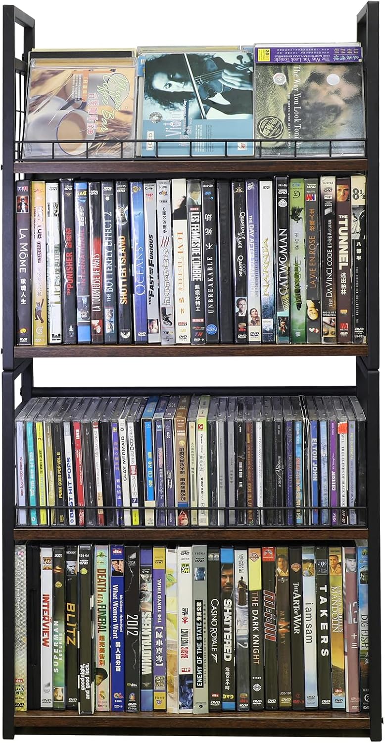 2-Tier DVD Storage Rack 2 Pack, Holds 112 DVDs (160 CDs), Metal Frame Media Holder with Handles, for Blu Ray, CDs, Video Games, VHS Tapes