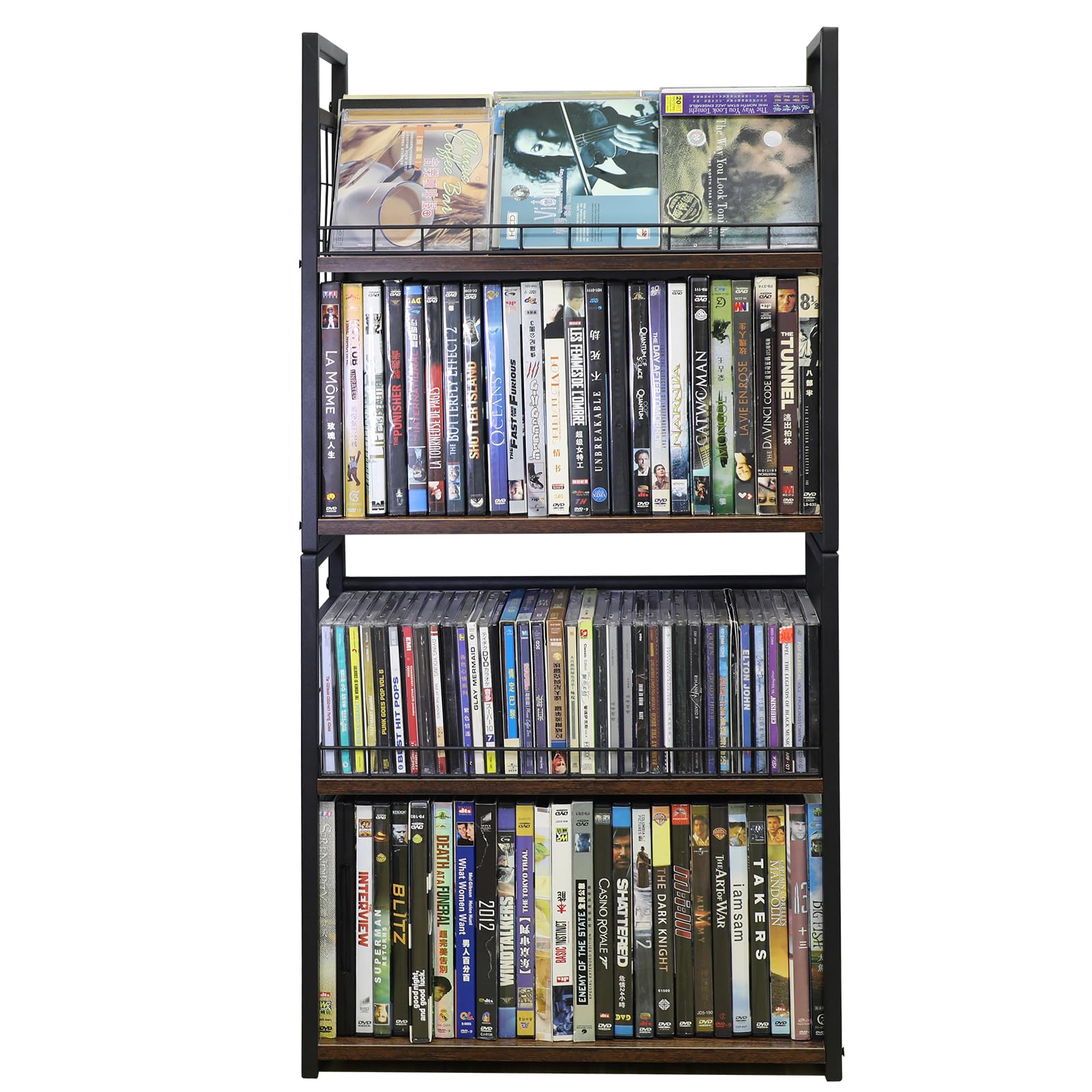 2-Tier DVD Storage Rack 2 Pack, Holds 112 DVDs (160 CDs), Metal Frame Media Holder with Handles, for Blu Ray, CDs, Video Games, VHS Tapes