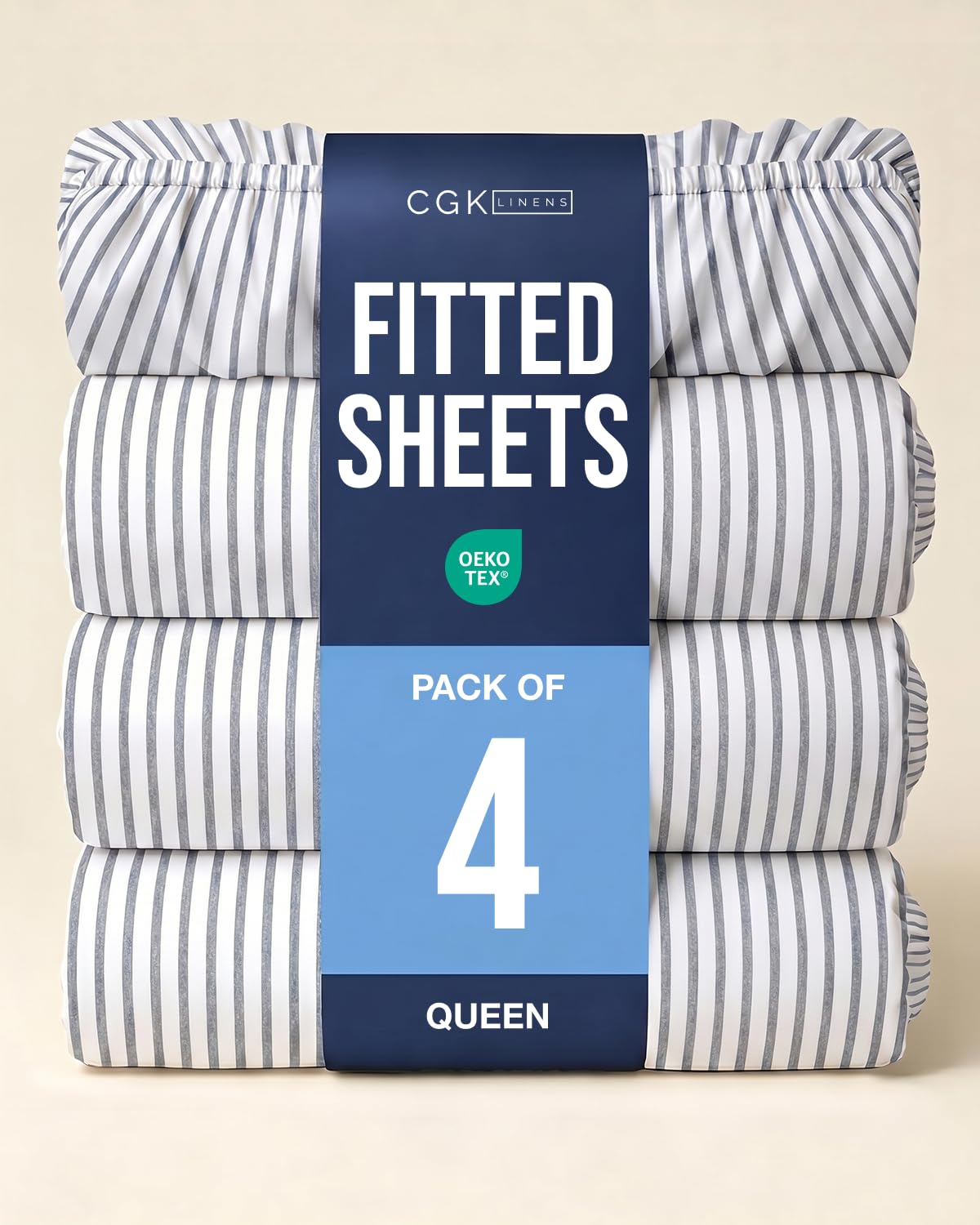 Queen Fitted Sheet - Pack of 4 Single Fitted Bottom Sheet - Grey Stripes
