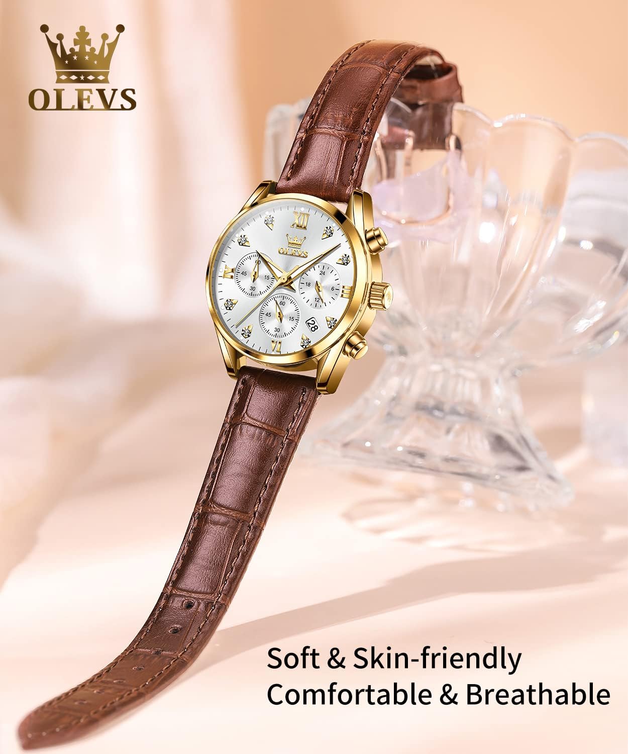 OLEVS Women Watch Brown Leather Straps Ladies Rose Gold Elegant Luxury Dress Chronograph Waterproof Wrist Watch Date Day - Image 4