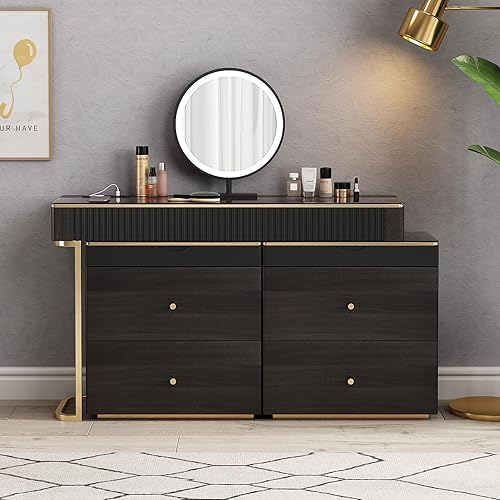 Miniatura 8 de Lartis Tocador de maquillaje con taburete, muy fácil de montar, combinación de gabinete de TV retráctil, tocador en uno, súper almacenamiento Negro