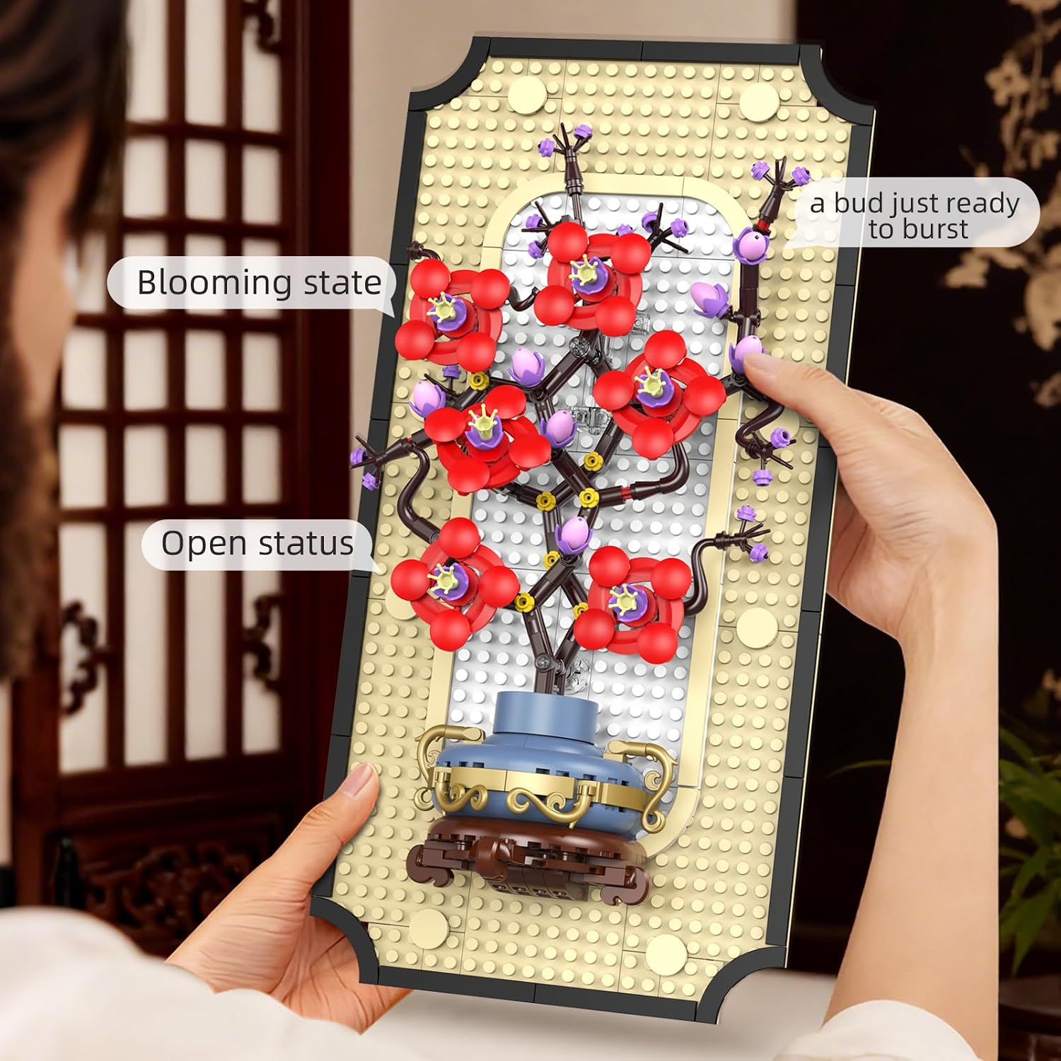 BRICXOR 3D Wall Art Plum Blossom Building Blocks Set for Adults - Floral Wall Hanging Art with Stand, DIY Artificial Flower Decor Kit for Home Office, Elegant Gift for Adults, 529-Piece