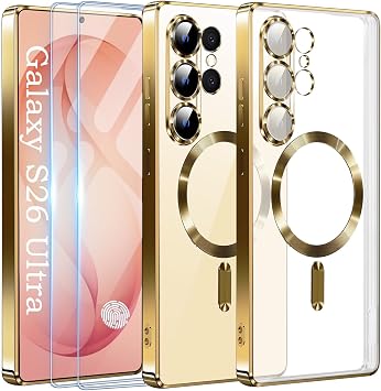 Official Titanium Case for Samsung Galaxy S26 Ultra with 2 Screen Protectors, MagSafeFull Camera Coverage Metallic Glossy Slim Luxury Phone Case for Galaxy S26 Ultra, Gold