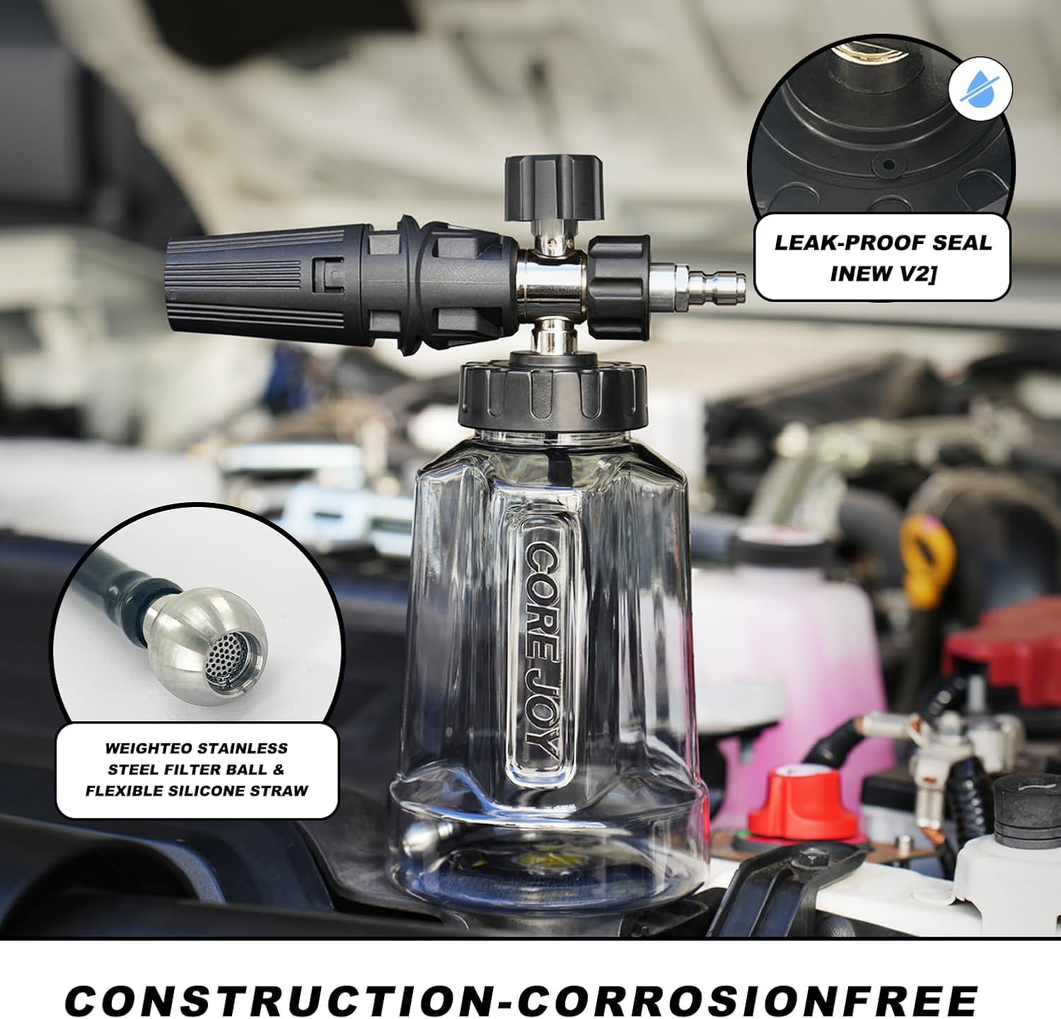 CORE JOY Professional Foam Cannon for Car Wash, Adjustable Spray Nozzle, 1L Soap Bottle