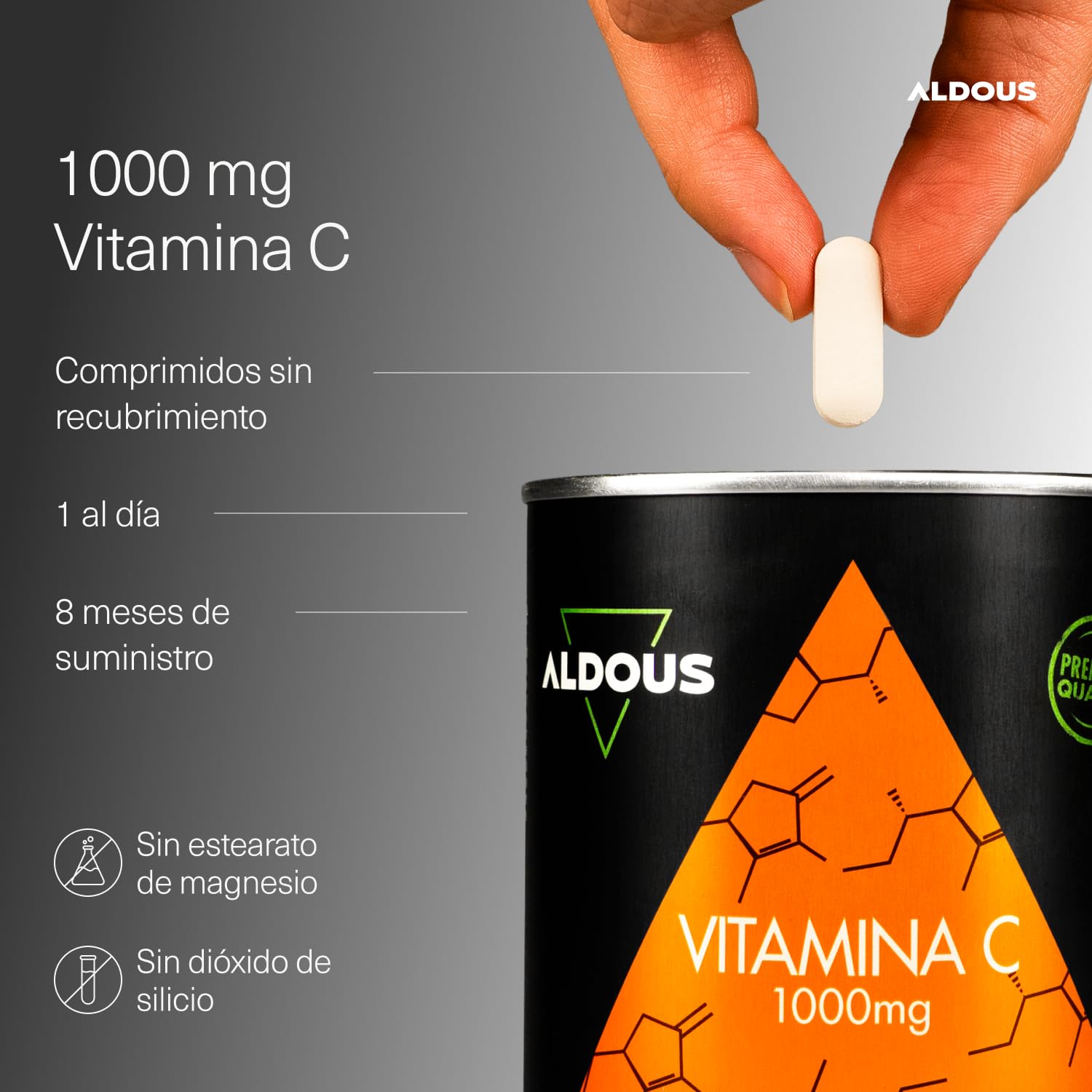 Vitamina C 1000 mg - Suministro para +8 meses - 1 tableta al día - Vitaminas para el Cansancio, Sistema Inmune y Defensas - 1000mg Vitaminas C - 250 Comprimidos - Vitamina pura - ALDOUS