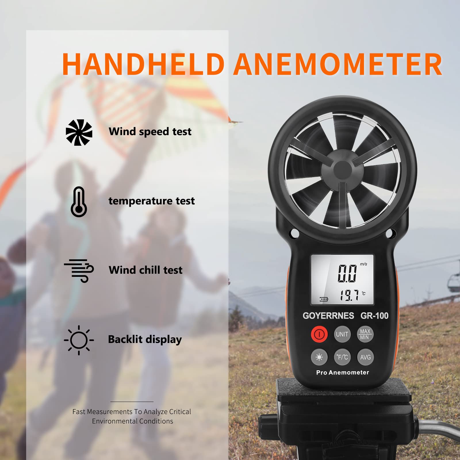 Anemometro digitale Misuratore di velocità del vento portatile 0,7~42m/s Anemometro tascabile della velocità dell'aria con bussola