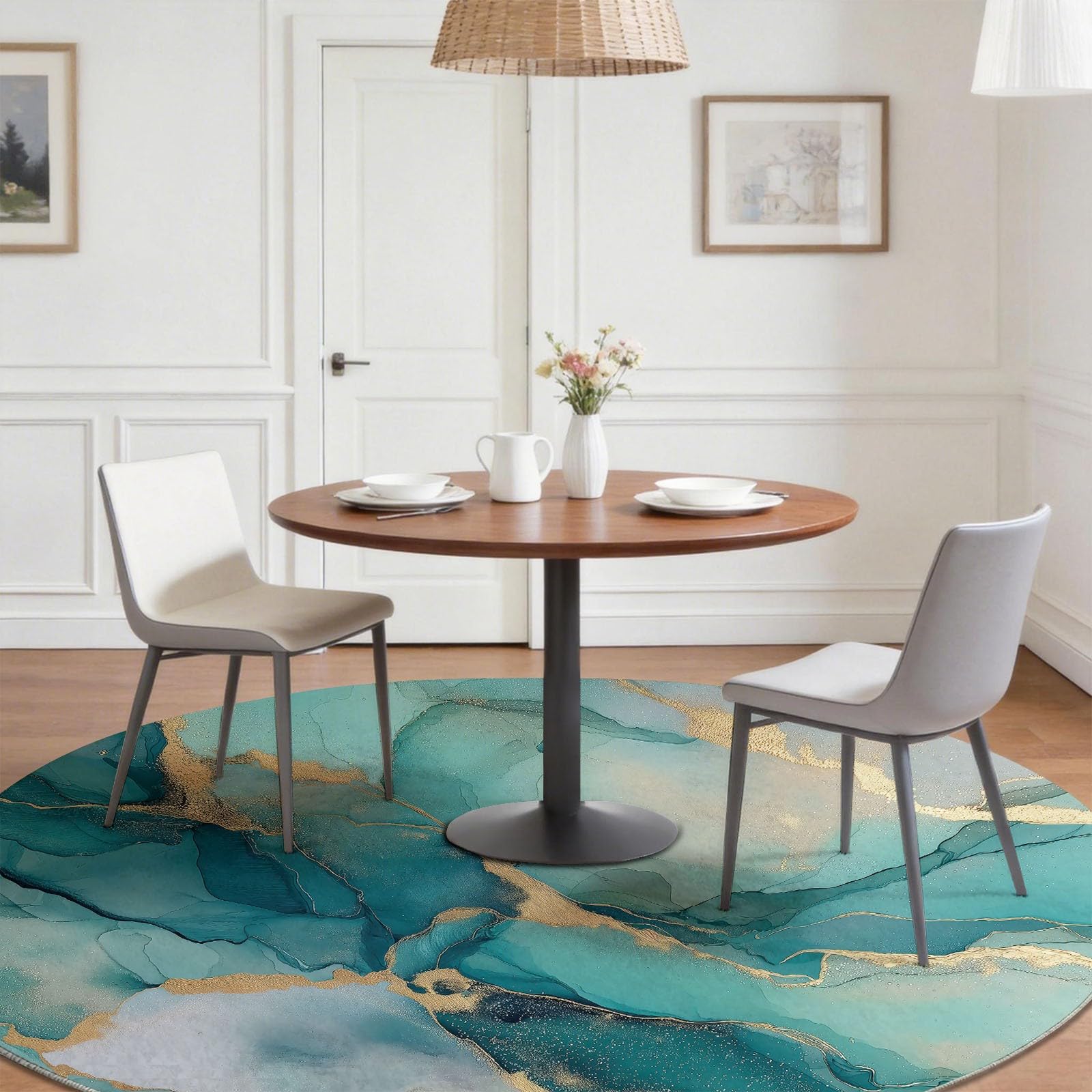 Tappeto rotondo da 120 cm, moderno, antiscivolo, lavabile, per camera da letto, tavolino da caffè, stile eterico, elegante, turchese, con stampa marmorizzata liquida, per soggiorno, cameretta dei