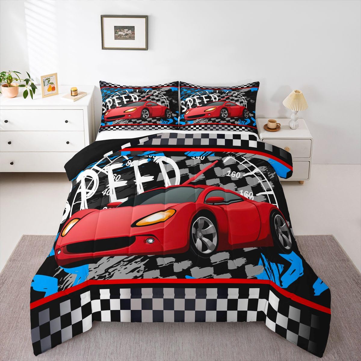 Feelyou Boys Race Car Bedding Set Cool Race Sports Car Set Comforter Set for Kids Boys Sports Theme Duvet Set Checkered Comforter Red 1 Comforter Set with 2 Pillowcases Queen Size