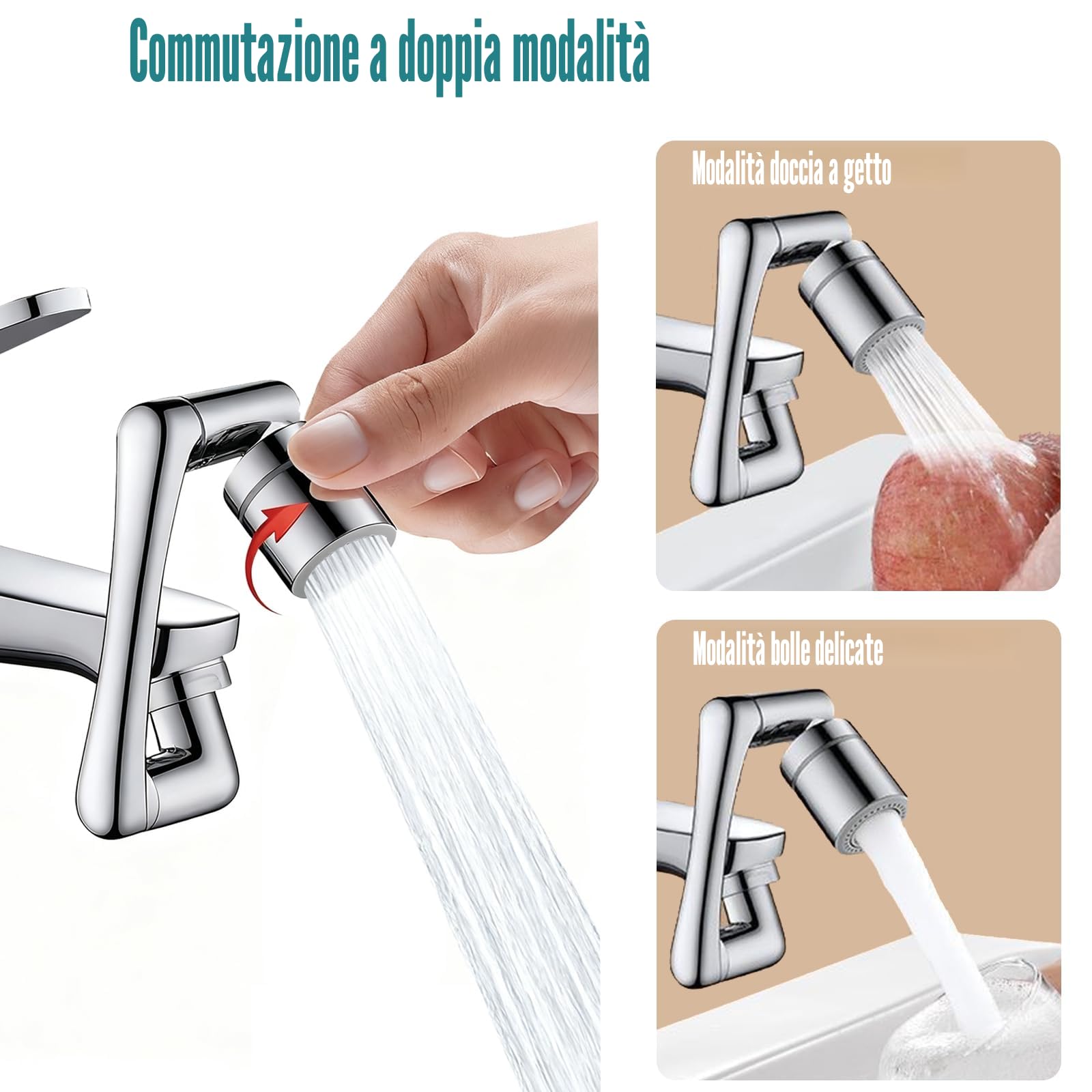 XVZ Attacco per rubinetto girevole, prolunga per rubinetto con rotazione di 1080 gradi e 2 tipi di getto, accessorio girevole universale per cucina e bagno