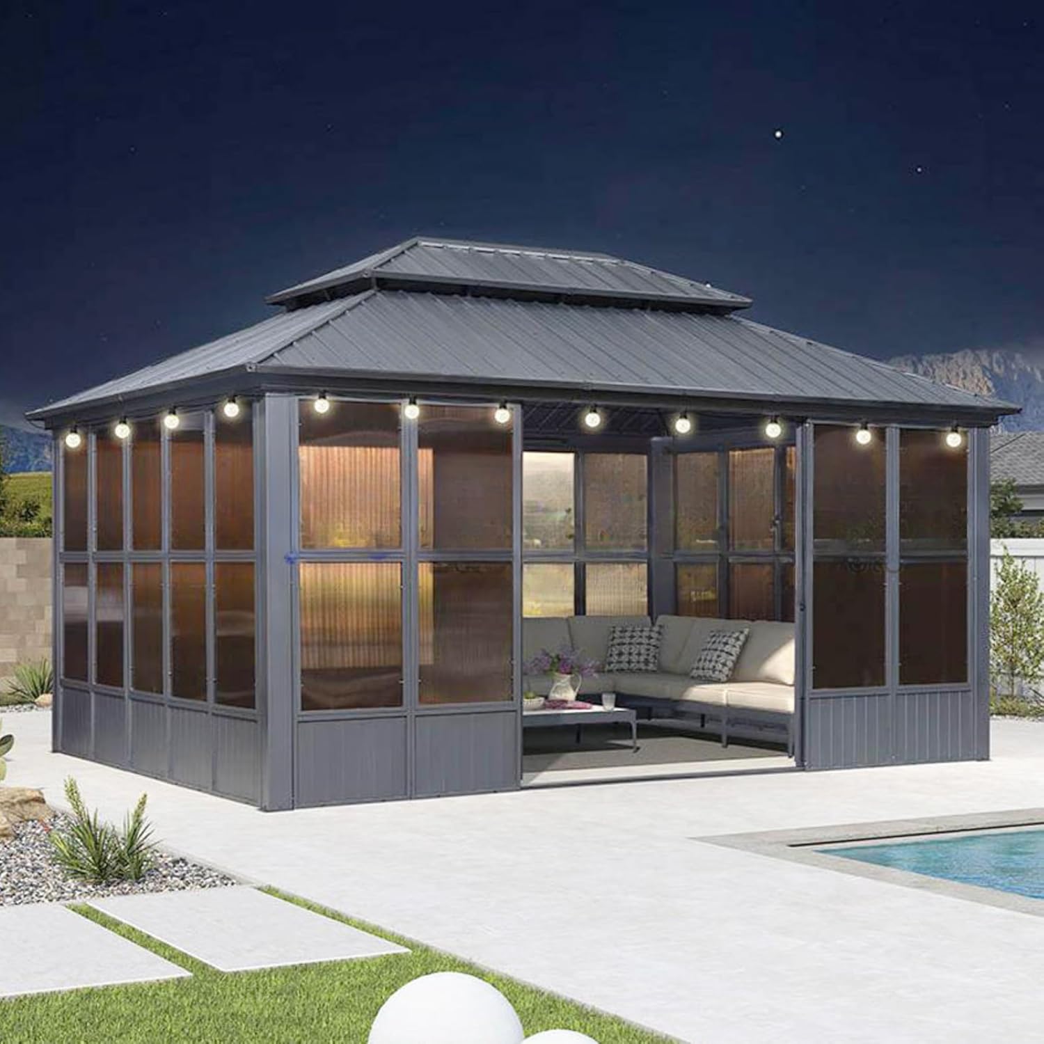 Outdoor Hardtop Gazebo with Netting and Curtains, 15x15ft All-Season Aluminum Patio Gazebo with Galvanized Steel Double Roof, Waterproof & UV-Resistant Pergola for Garden, Deck, Poolside & Backyard