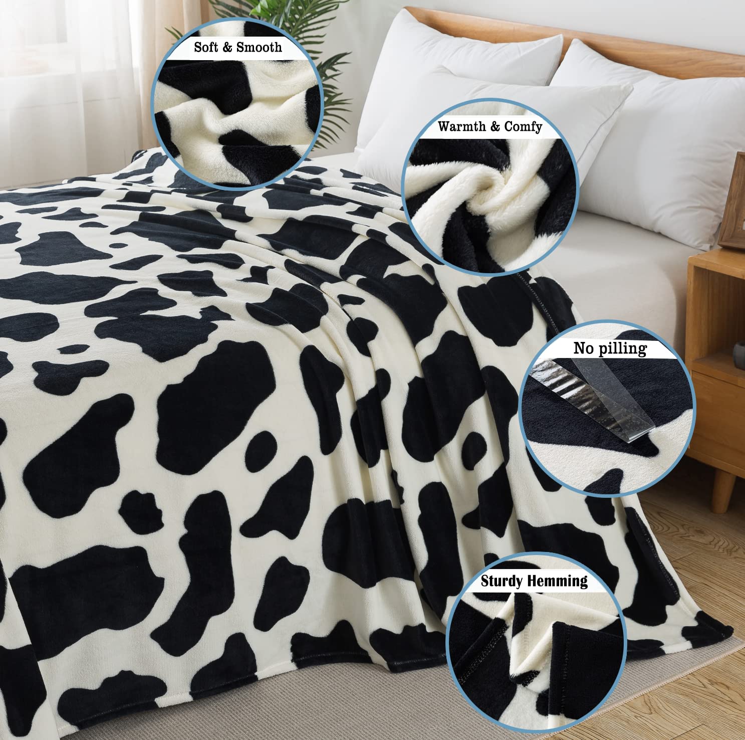 HOZY Flannel Fleece Cow Print Blanket Queen Size, Premium Anti-Static Super Soft Cozy Plush - Image 3