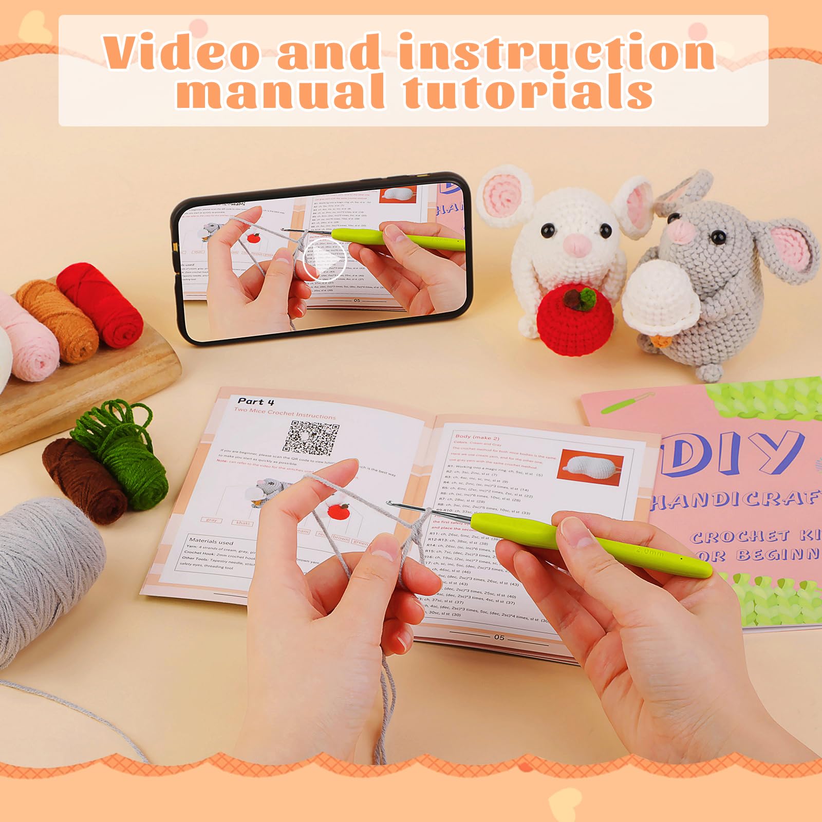 Kogyxe Kit de ganchillo para principiantes, kits de animales de ganchillo Amigurumi con tutoriales de video paso a paso, kit de iniciación de ganchillo para adultos principiantes, 2 familias de