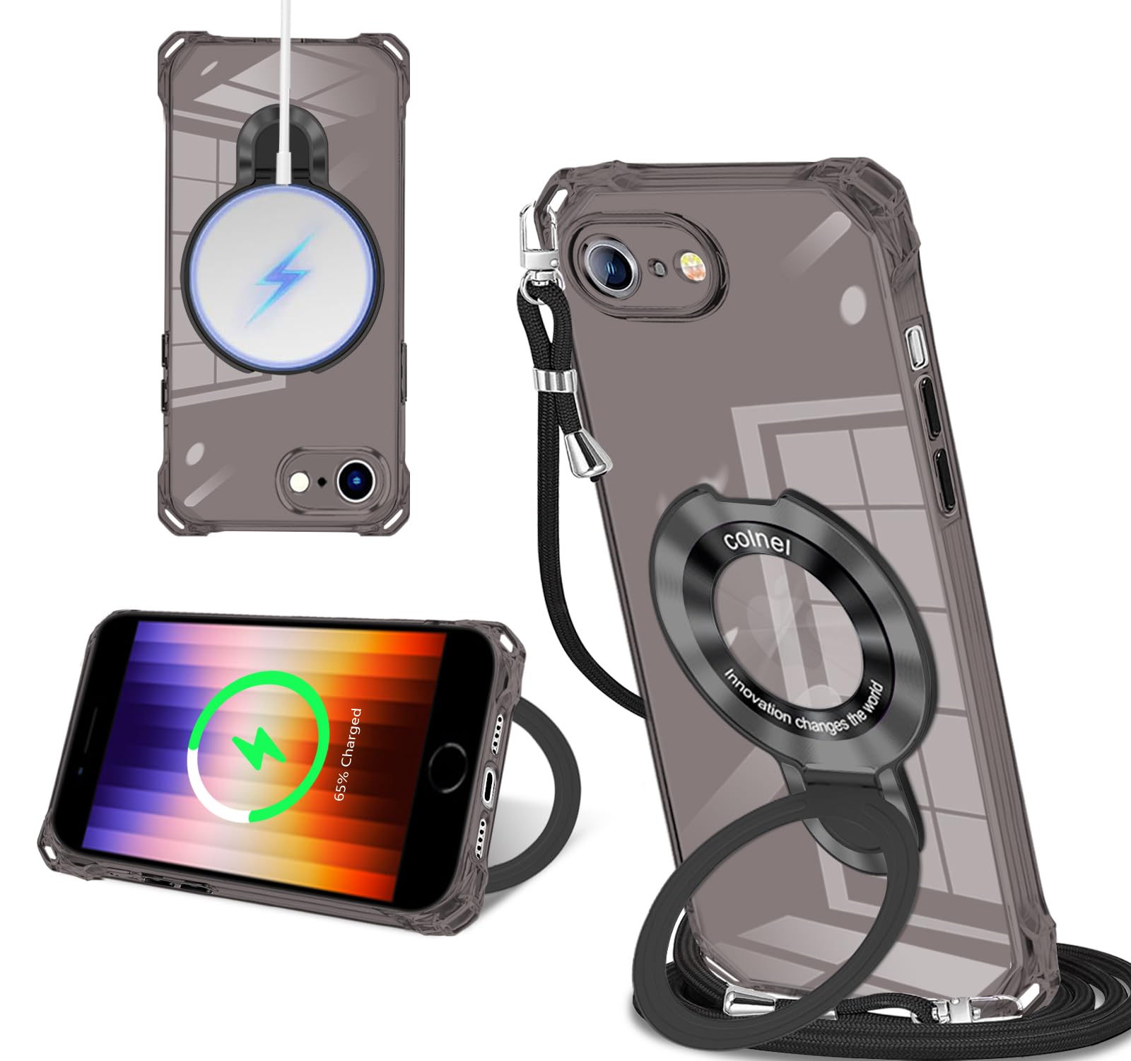 iPhone 16E/iPhone17E ケース クリア MagSafe対応 リング付き ネック ショルダー アイフォン 16e/17e 縄掛けケース 透明 肩掛け 斜めかけ 韓国 可愛い 縄掛け カバー 丸型スタンド付き マグネット搭載 縦横両対応 耐衝撃 ストラップホール付き あいほん se4 スマホケース