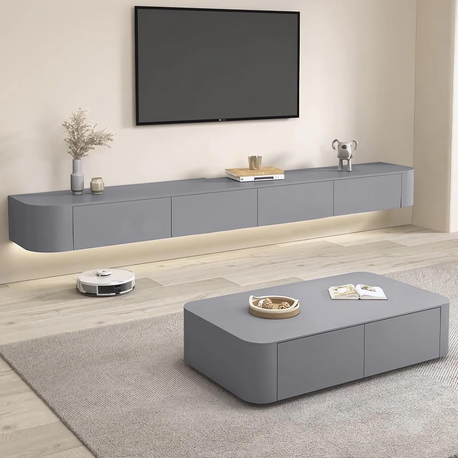 Floating TV Stand Cabinet Wall Mounted Entertainment Center Media TV Console Storage Shelf with Flip-Down Doors & Drawers for Living Room Bedroom Office(63in,Grey)