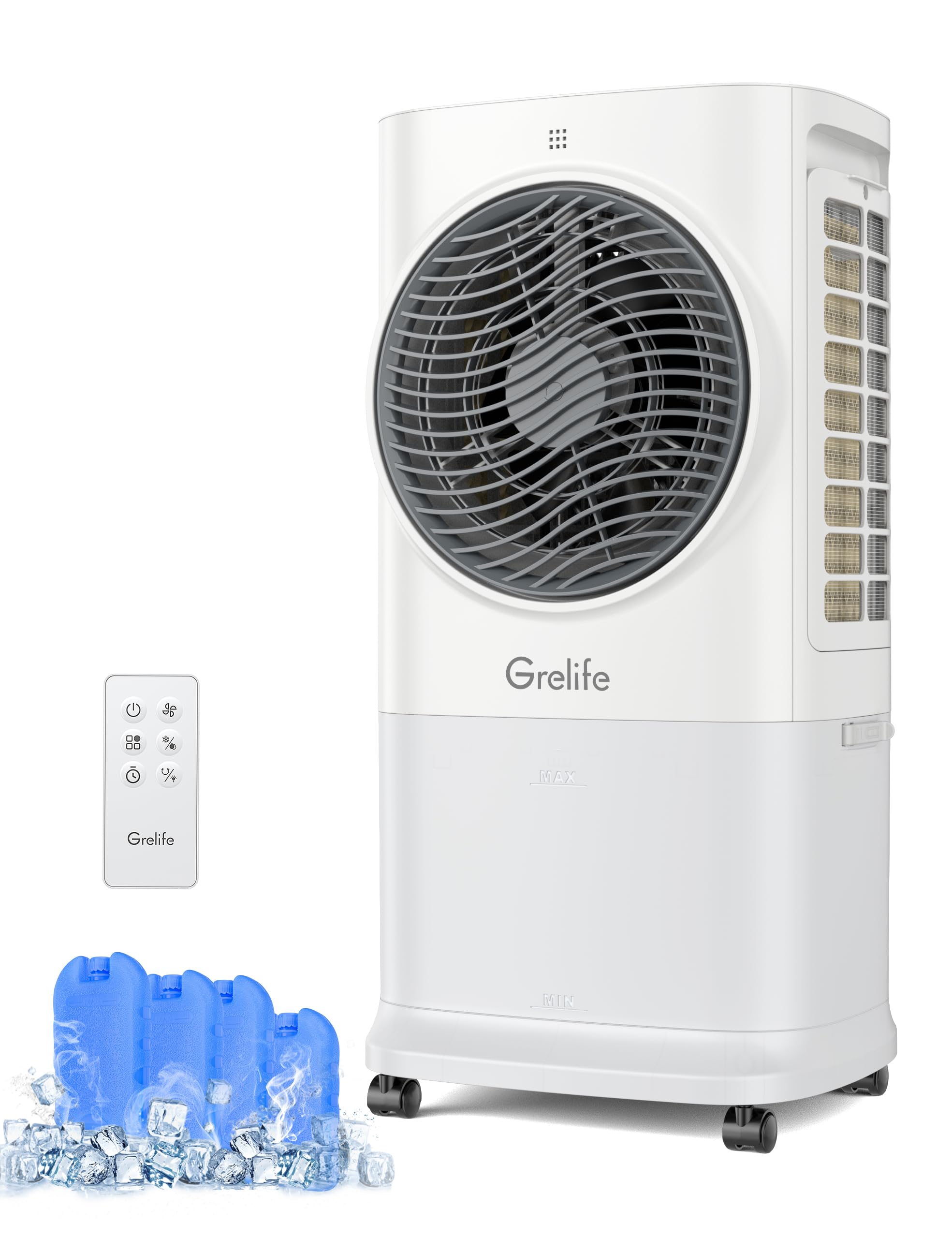 Grelife Portable Evaporative Air Cooler, 3-IN-1 Air Cooler Cooling Fan with Remote Control, 8H Timer, 4 Ice Packs, 6.5L Water Tank, 3 Modes, 3 Speeds, Personal Swamp Cooler for Bedroom/Office/Home