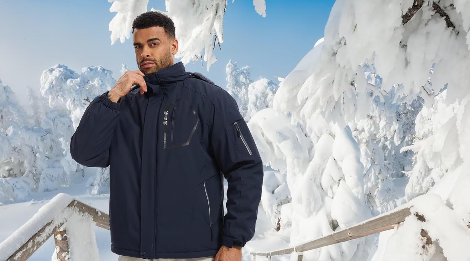 QPNGRP Men's Ski Jacket Waterproof Insulated Winter Coat 5 Zipper Pockets