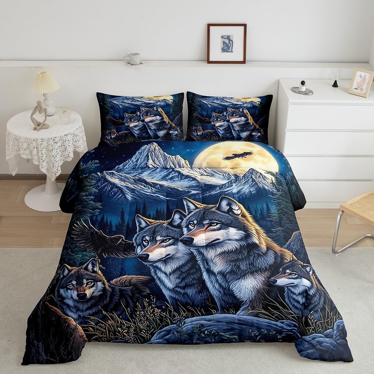 Castle Fairy Jungle Wolf Bedding Set Queen Size Fierce Wild Animal Comforter Set for Kids Teens Room Decor Nature Mountain Tree Woodland Duvet Insert Eagle Wildlife Down Comforter Set,3Pcs