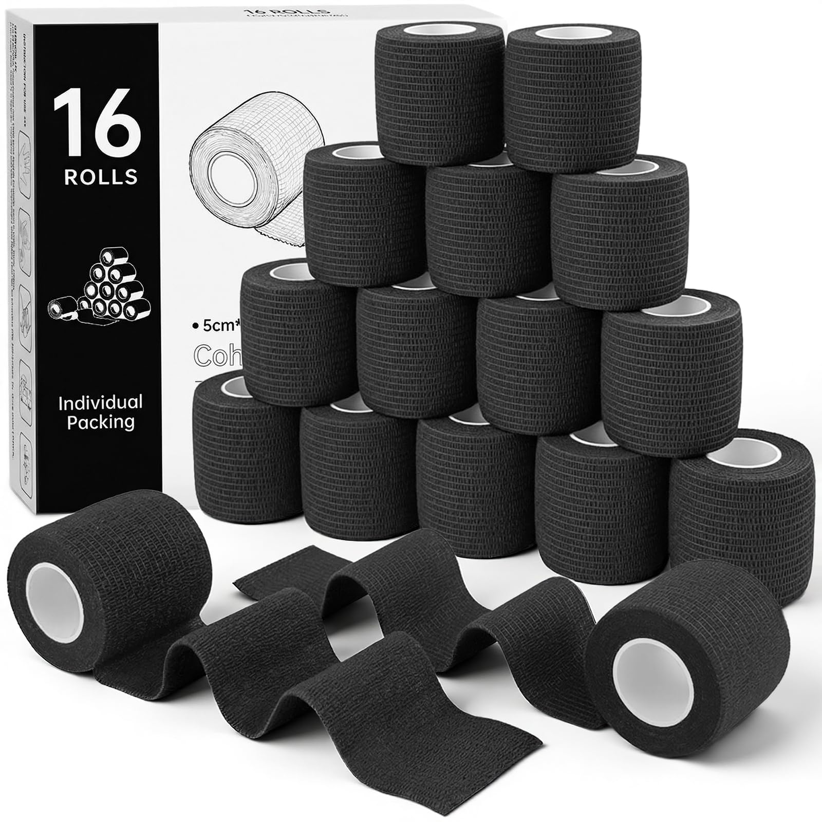 HONYAO Self Adhesive Bandage 16 Rolls, 5cm x 4.5m Pet Vet Wrap for Dogs Cats, Cohesive Bandage for Sports Wrist Ankle Stretch Sprains Swelling First Aid, Black