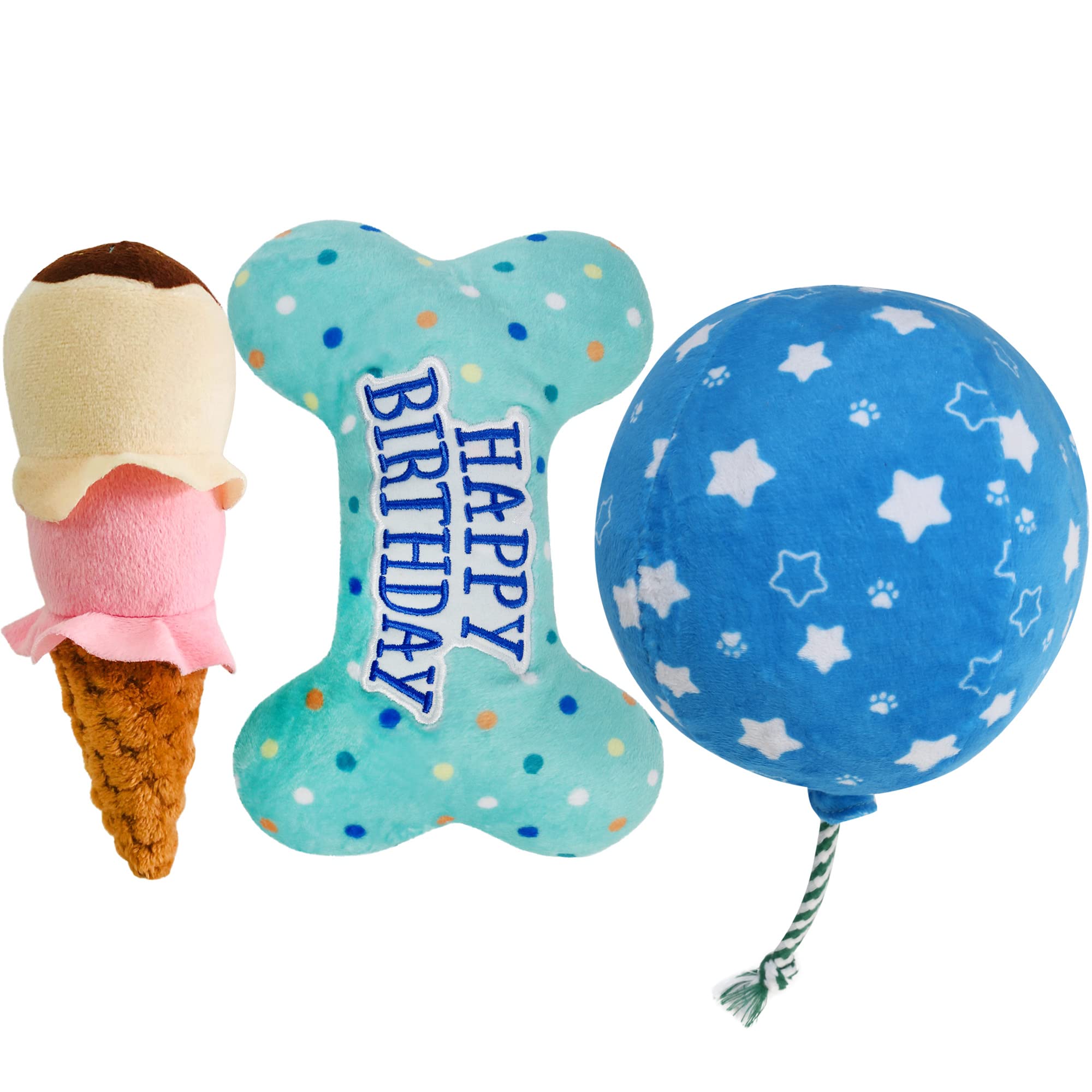 Prime Pets Dog Birthday Toys, 3 Pack, Crinkle Squeaky Dog Toys Set, Pet Toys for Small Medium Large Dogs, Stuffed Puppy Chew Toys, Dog Gift Toys