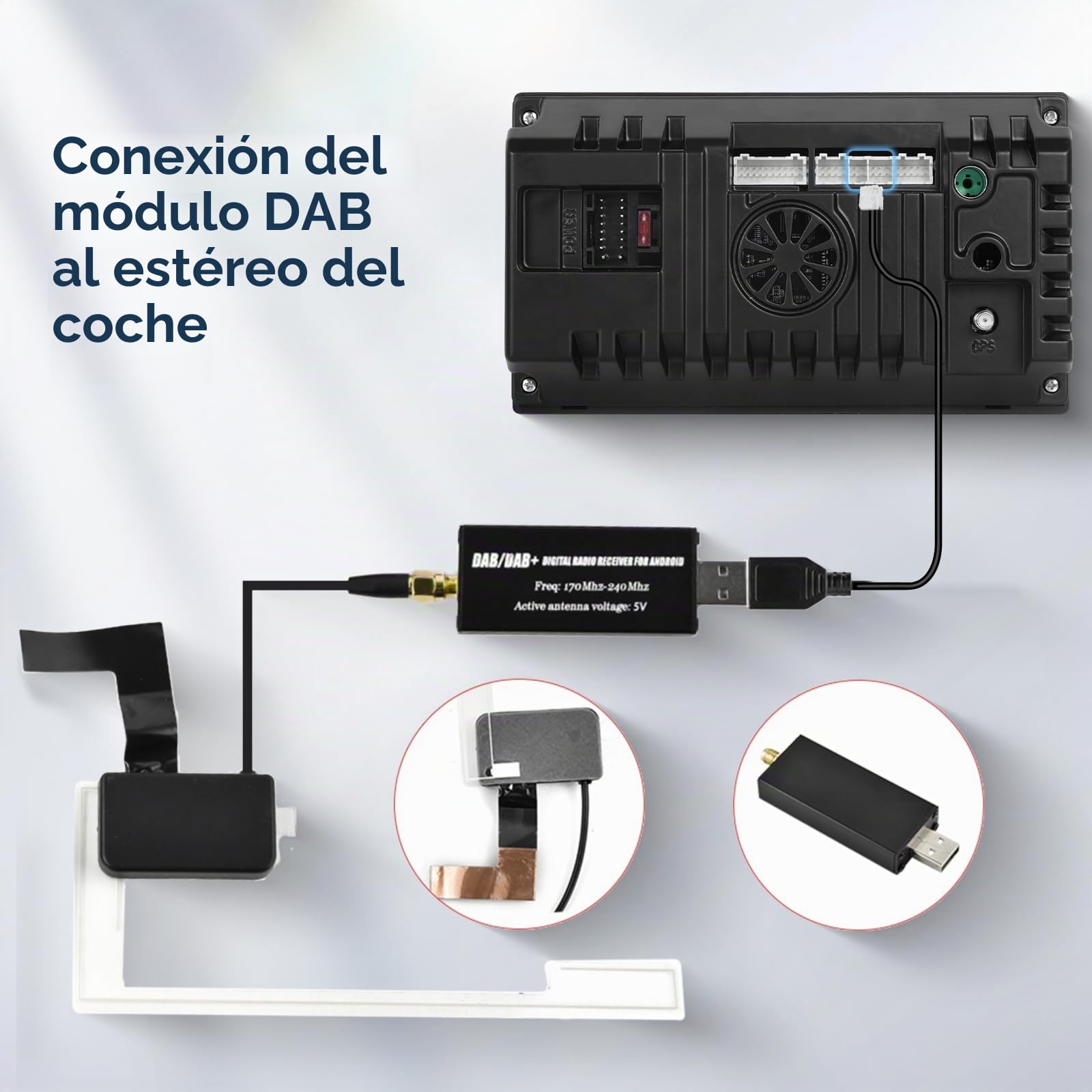 Hodozzy Dab Adaptador de Radio, Receptor de Radio Digital Dab+ para Estéreo de Coche Android, USB 2.0 D-AB+ para Dongle Módulo Universal con Antena D-AB, Adaptador Receptor de MP5 D-AB Box con Antena
