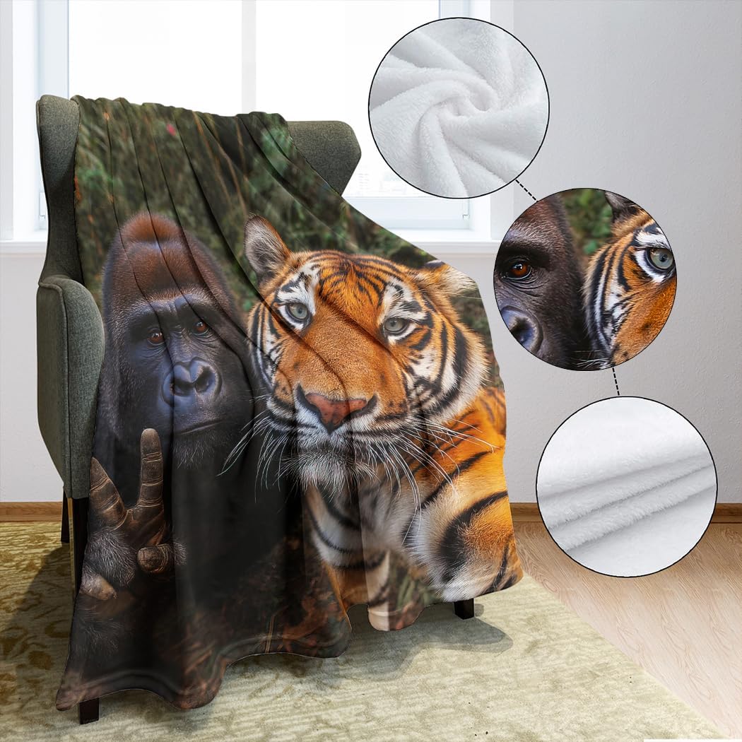 60"x80" Fun Gorilla Tiger Blanket, Soft Cozy Fleece for Couch Sofa Bed - Image 5