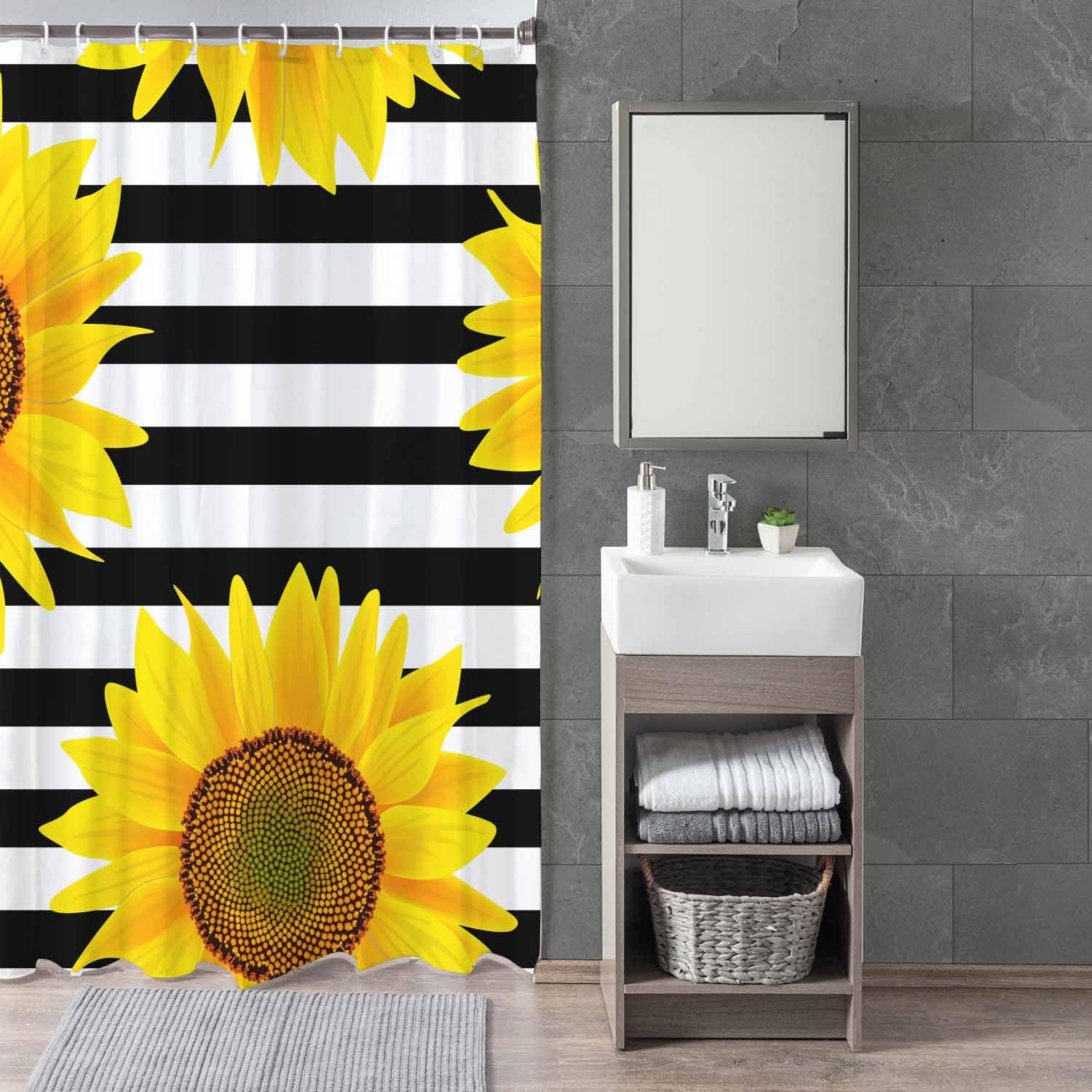 Woutay Shower Curtain Mould Proof Resistant Yellow Sunflowers,Water Repellant Fabric,Polyester,Size 180x180CM - Image 3
