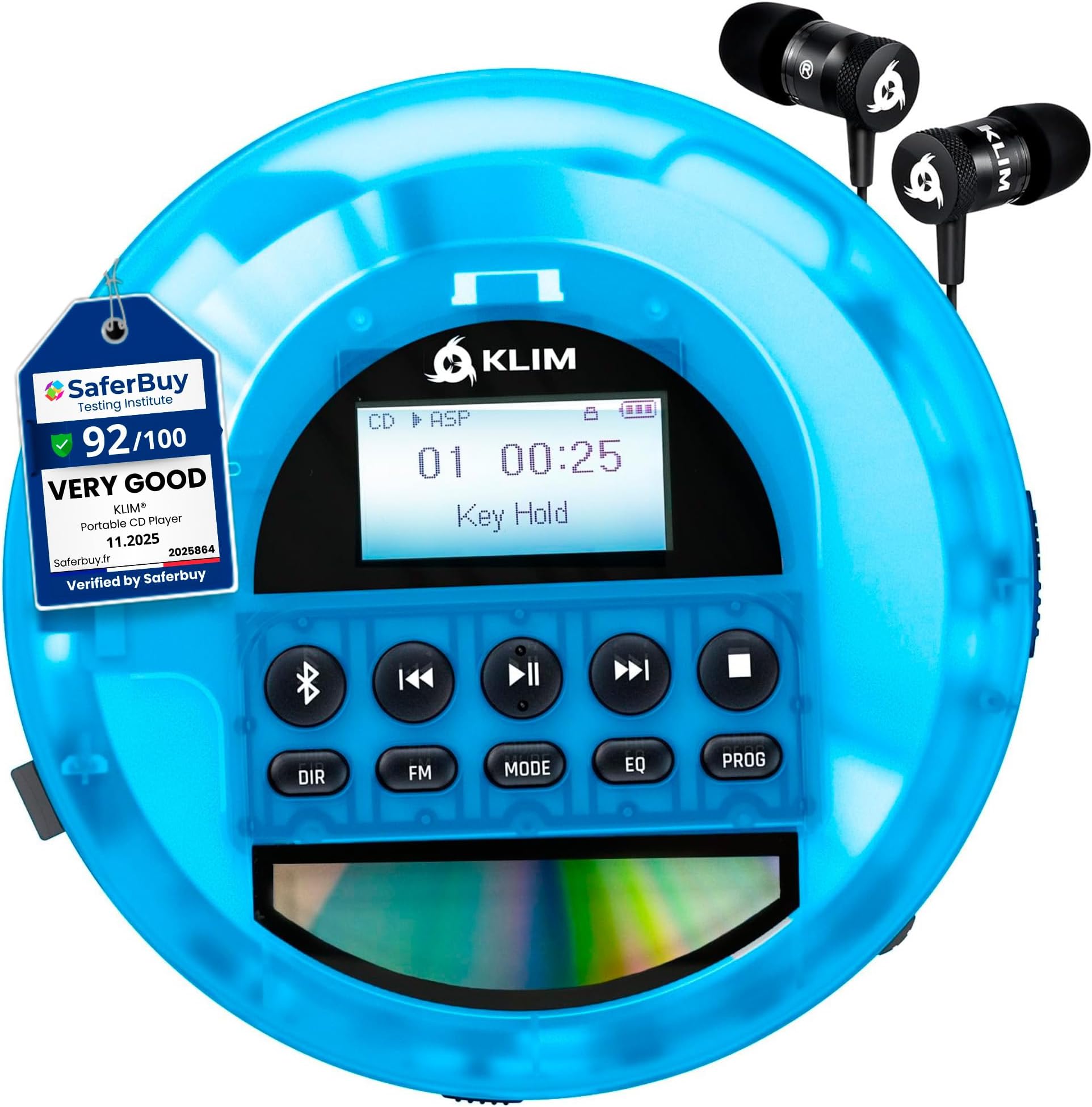KLIM Nomad Transparent Blue - Portable CD Player with Long-Lasting Battery - Includes Headphones - Discman MP3 Player - TF Card FM Radio Bluetooth AUX - Ideal for Home, Cars - Version