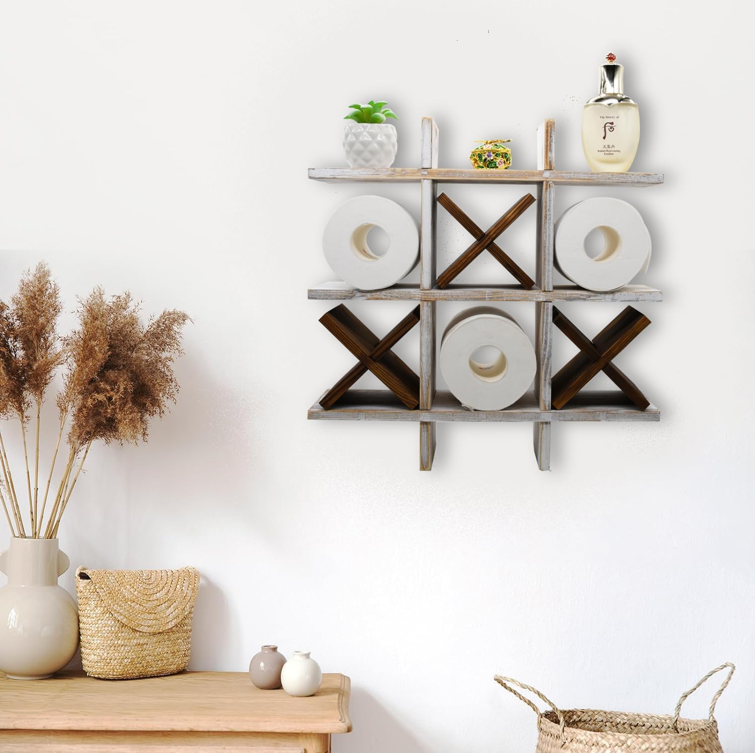 Tic Tac Toe Toilet Paper Holder Rack Rustic Whitewashed Wooden Toilet Paper Storage Bathroom Hanging Storage Wall Mounted Shelves Décor for Toilet Tissue Farmhouse