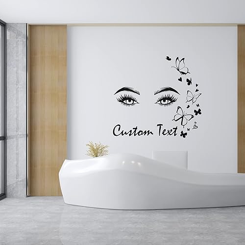 Miniatura 2 de A TOP DESIGN Calcomanía de pared con diseño de ojos hermosos con cejas y mariposas con texto personalizado, calcomanía de pared para habitación de