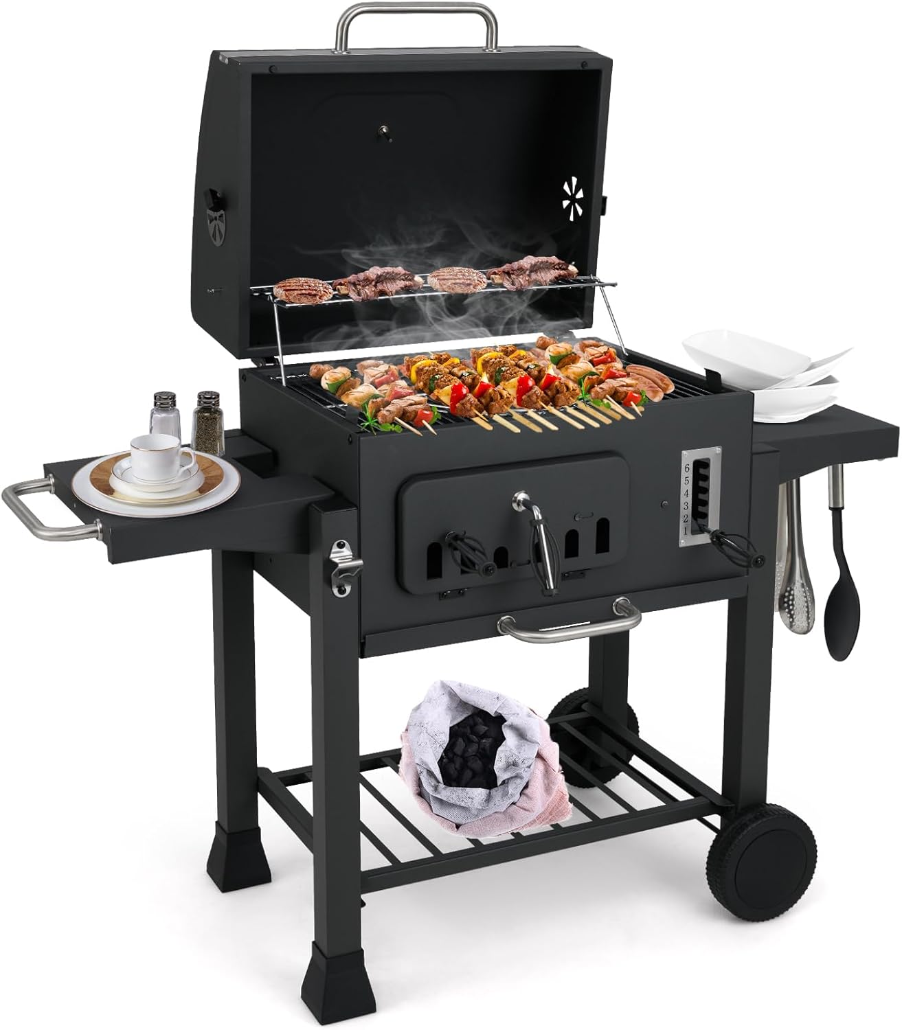 Barrel Charcoal Grill with Side Tables, 544 sq.in Cooking Space, Portable Camping Grill w/Wheels, Charcoal Tray, Pull-out Ash Tray, Thermometer, Outdoor BBQ Grill for Patio, Backyard, Party