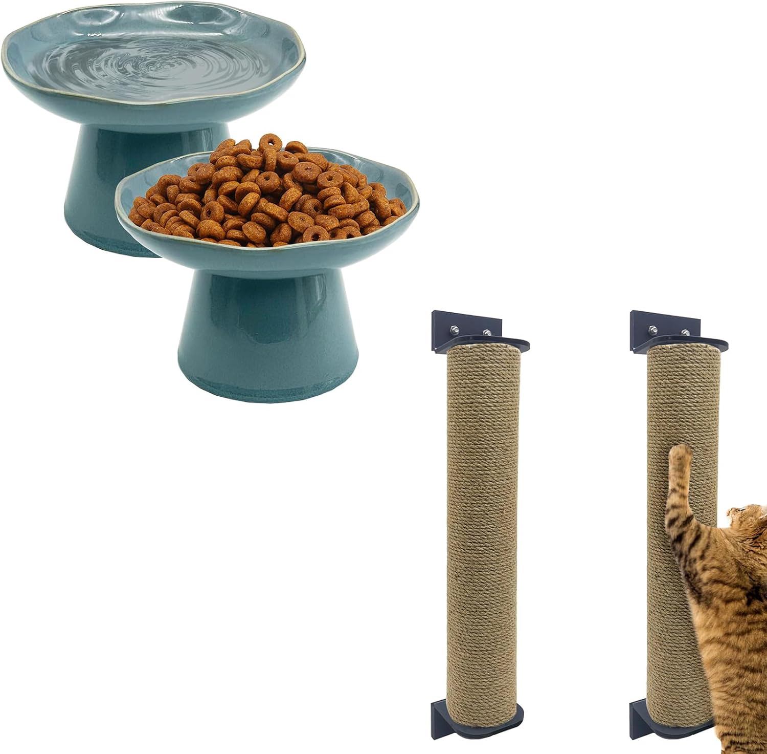 VCEPJH Elevated Cat Bowls Shallow Food Plate Pack of 2 Ceramic Raised Cats Dish and 2 Pcs Scratching Post for Crate Cage Mounted Scratcher
