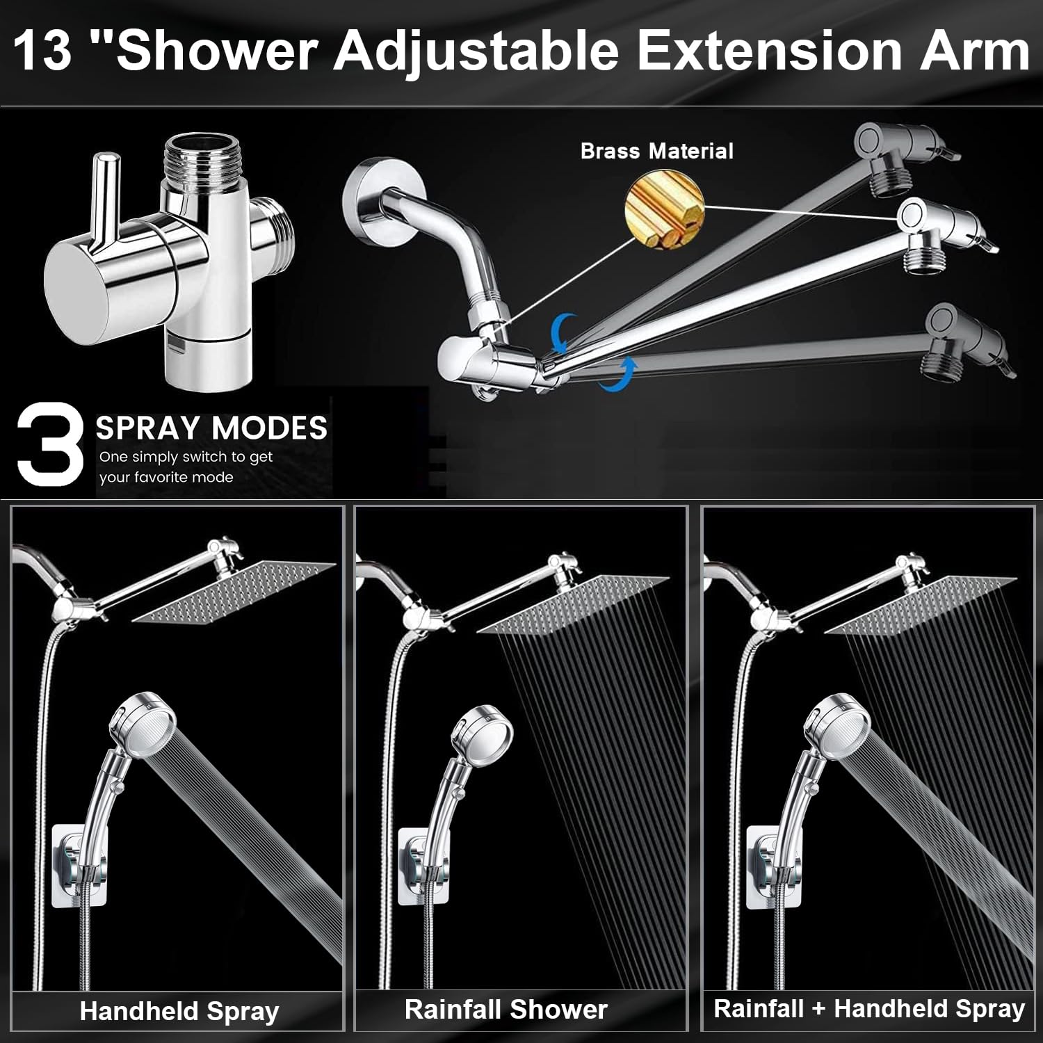 Shower Head Combo,10 Inch High Pressure Rain Shower Head with 11 Inch Adjustable Extension Arm and 3 Settings Handheld,Powerful Shower Spray Against Low Pressure Water with Long Hose(Chrome)