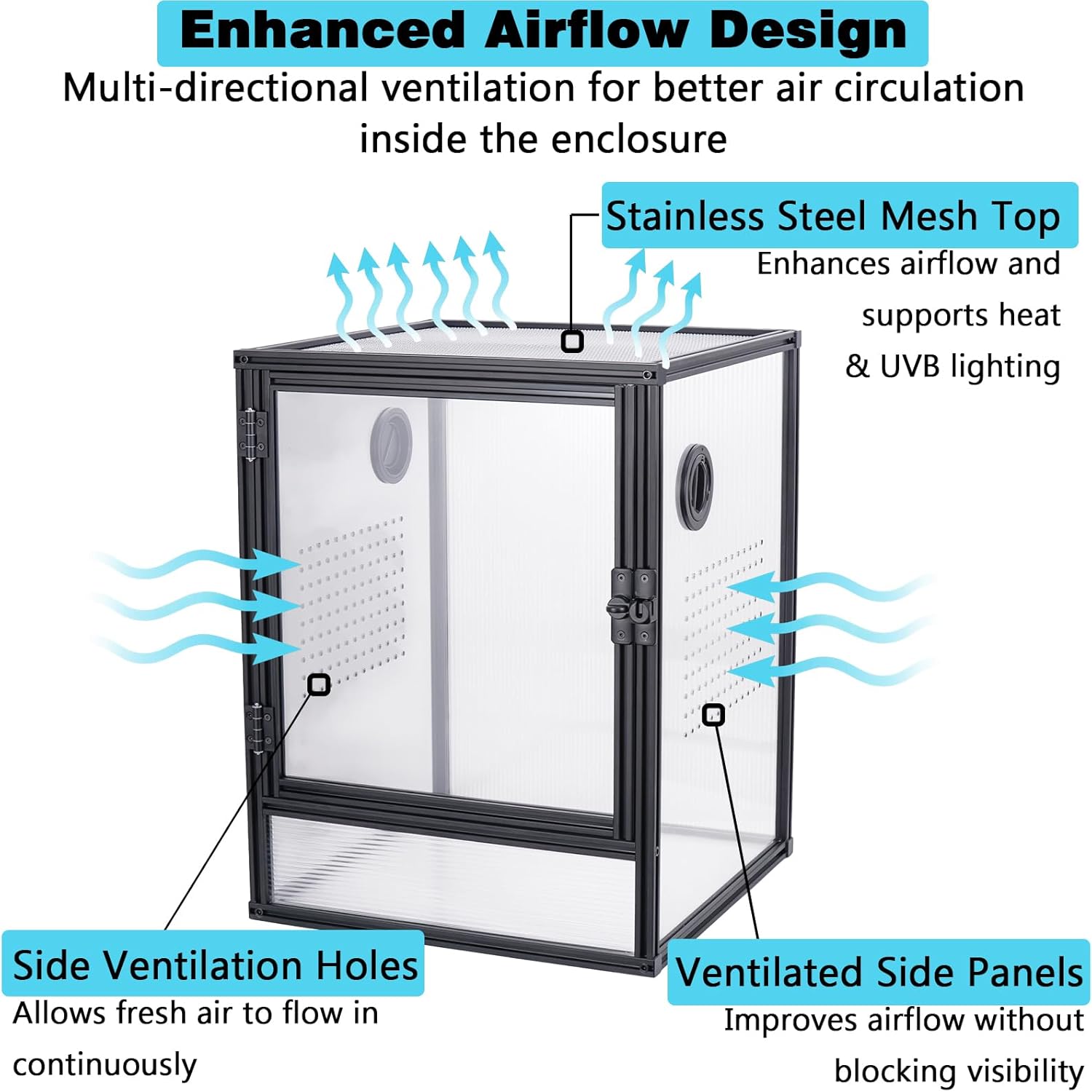 30 Gallon 18x18x24 Tall Terrarium, Aluminum Frame Gecko Tank with Clear Ventilated PC Panels, Mesh Top, Locking Door for Crested Gecko Chameleon