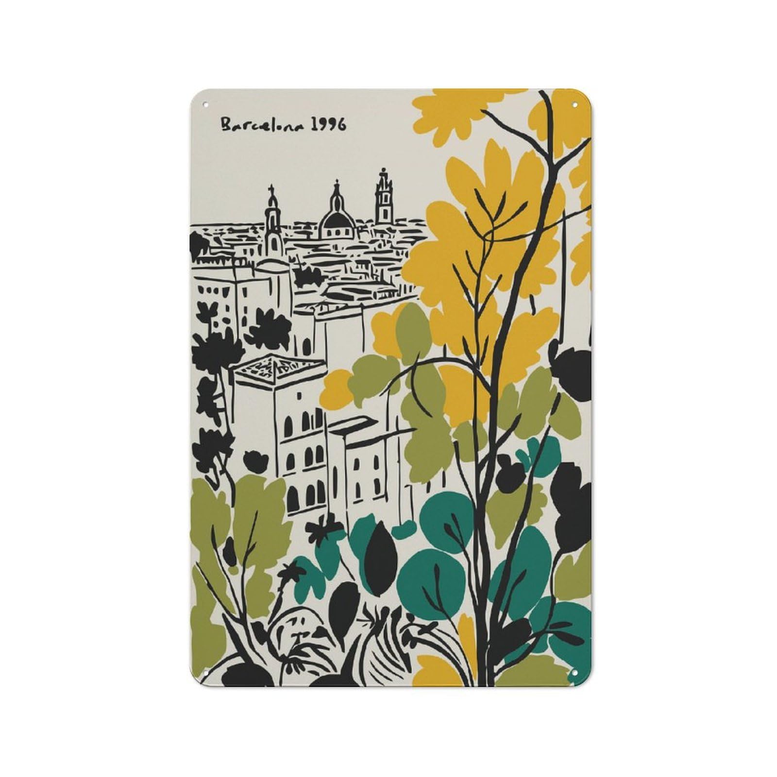 Junmoney Style-11 Vintage Tin Sign 30X20cm With Barcelona 1996 Cityscape Illustration For Guest Room Or Hallway, For Retro Home Interiors, For Garage And Workshop Walls