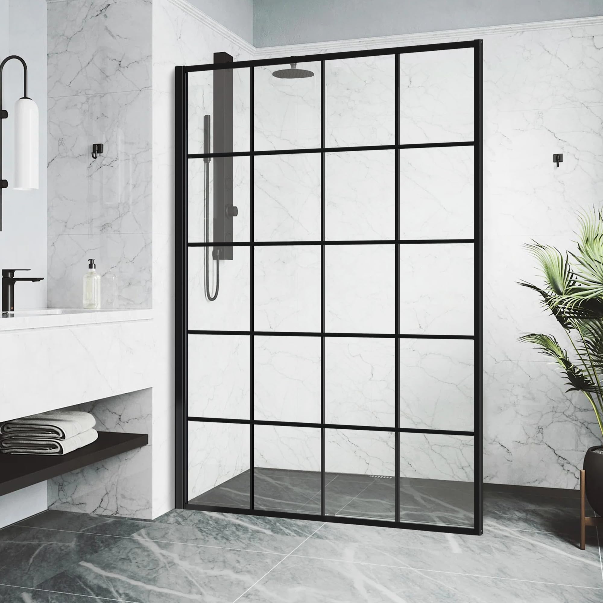 48" W x 74" H French Grid Glass Shower Screen, Fixed Framed Shower Panel  Walk-in,