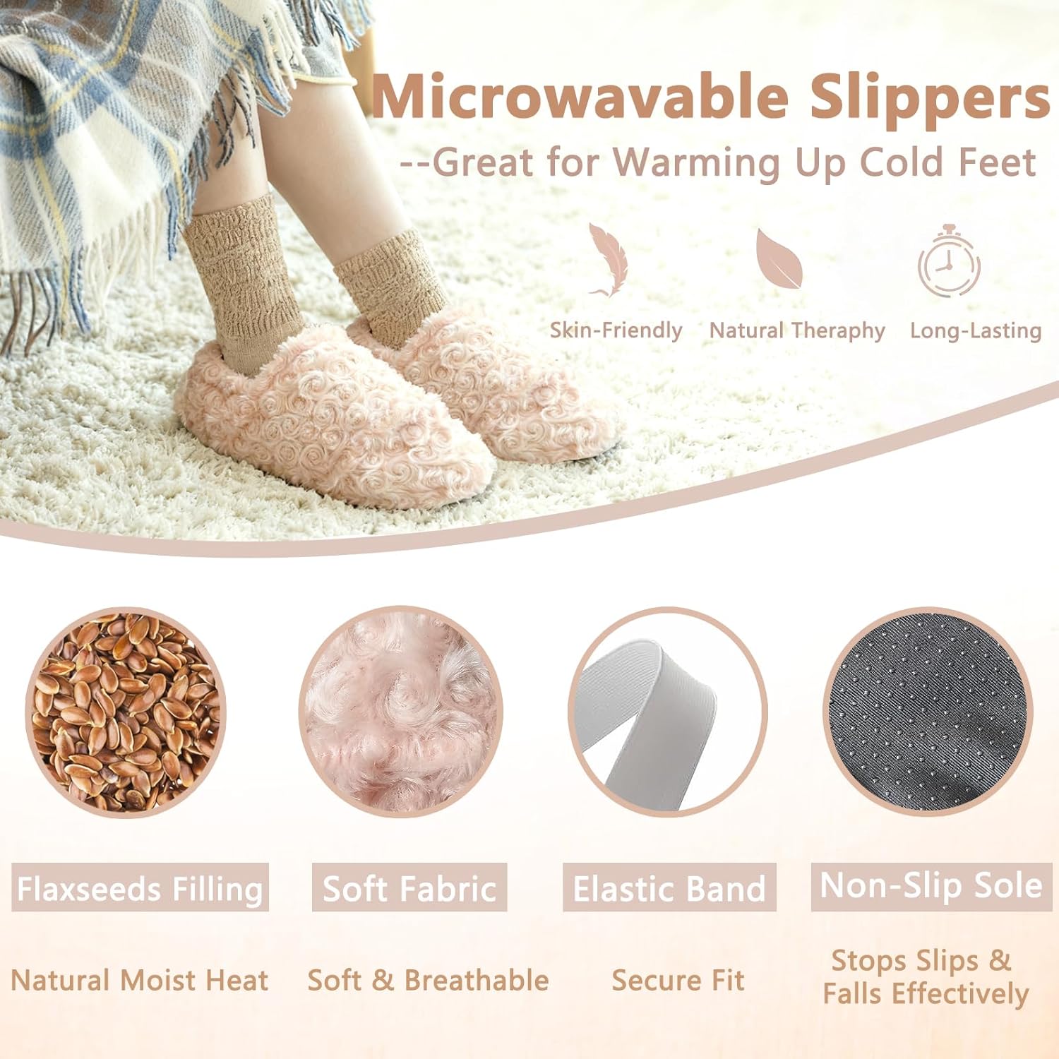 Microwave Slippers for Women and Man, Foot Warmers for Cold Feet, Microwavable Heated Slippers for Feet Soothing, Microwave Heating Pad for Foot, Heat Compress, Washable Cover, Beige, S - Image 2