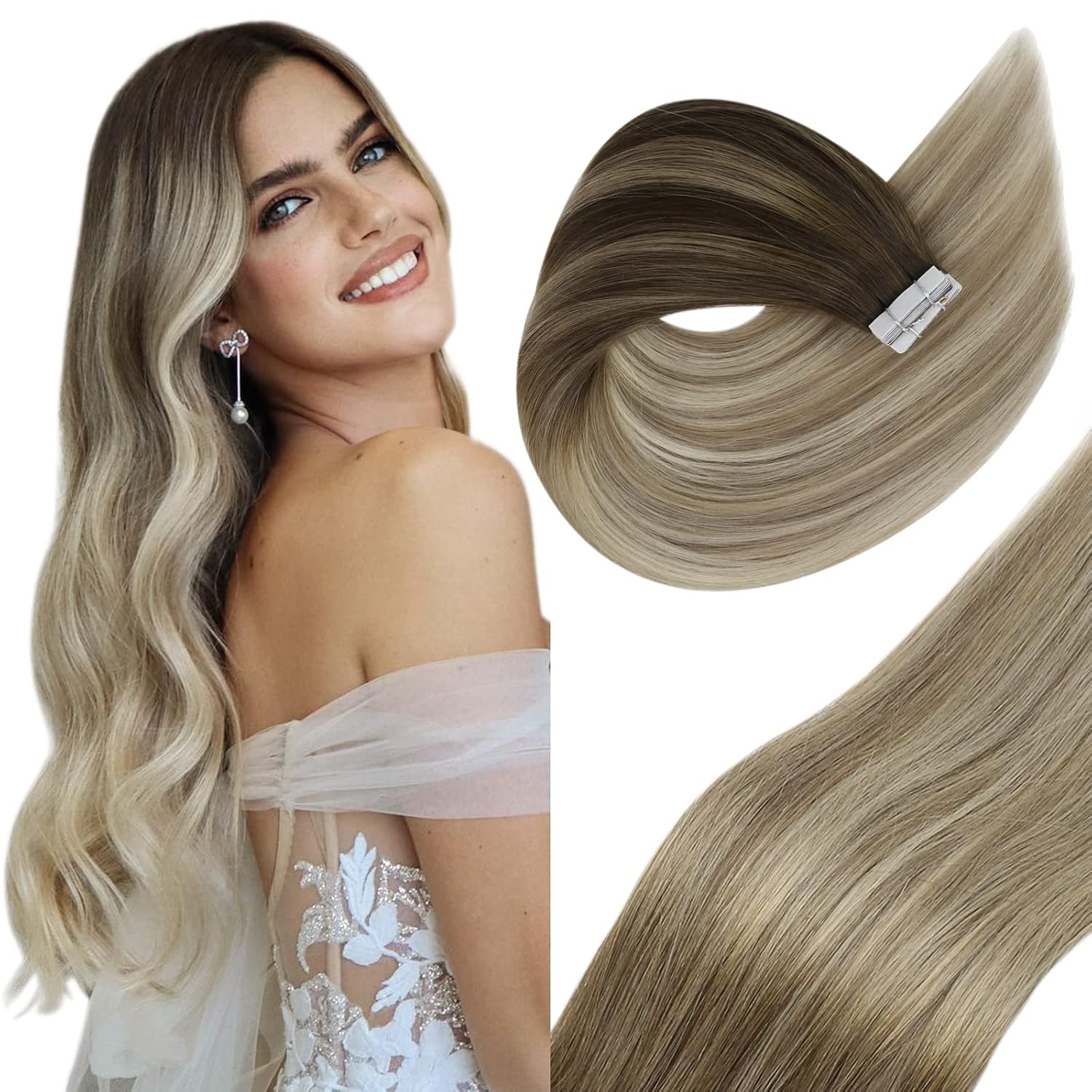 Sunny Tape in Hair Extensions Human Hair Ombre Brown Blonde Tape in Human Hair Extensions Brown Ombre Tape on Hair Extensions Dark Brown Ombre Golden Blonde with Platinum Blonde Balayage 16inch 20pcs