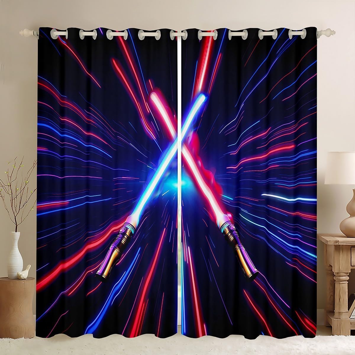 feelingyou Future Technology Metaverse Curtains for Windows,Lightsaber Geometric Lines Gradient Curtains for Living Room Bedroom,Red Blue 100% Blackout Drapes 2 Panel Sets,66x72L โ image 1