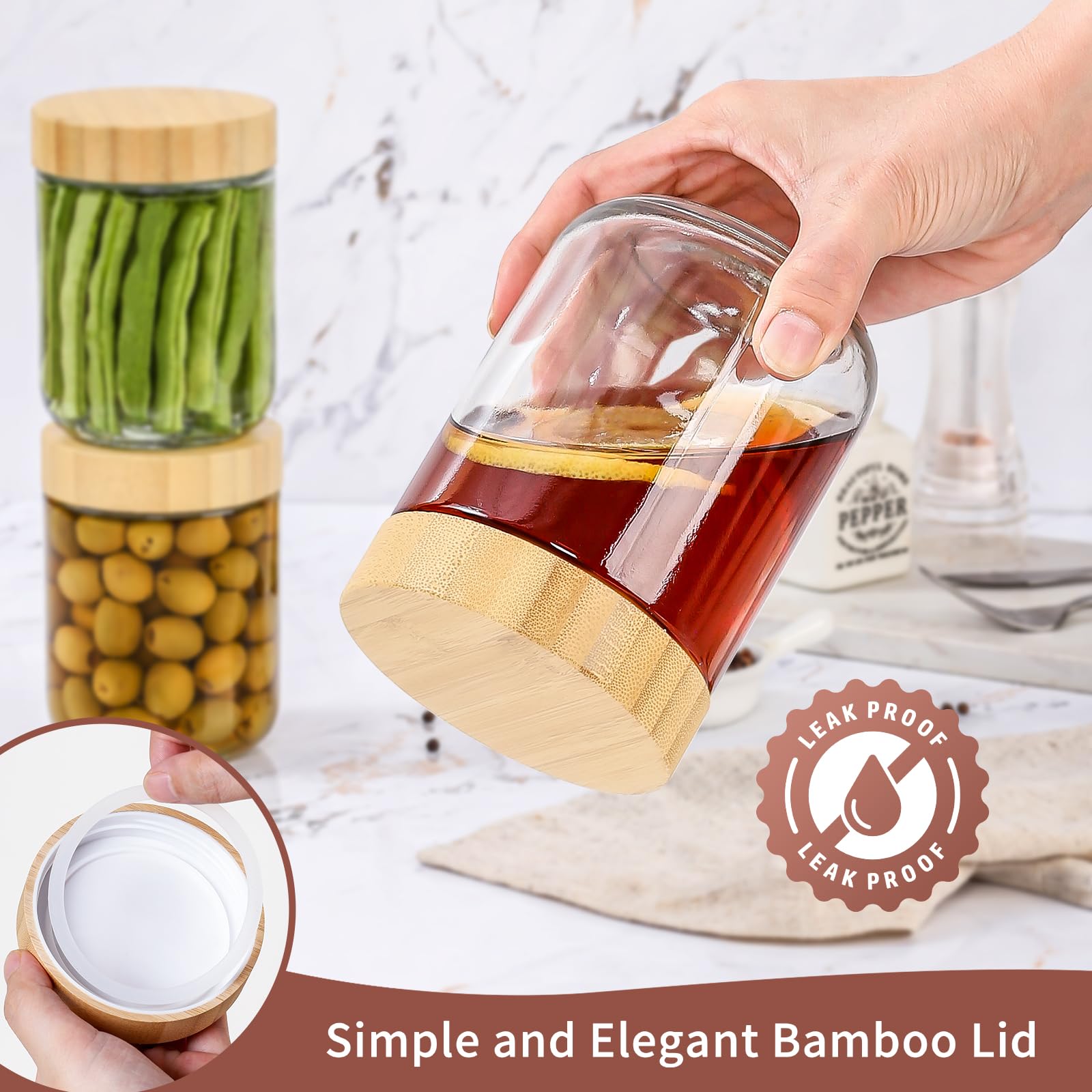 DRKIO 473 ml Haferbehälter mit Bambusdeckel – 4 Stück Vorratsgläser aus Glas mit luftdichtem Deckel, breite Öffnung, ideal für Mahlzeiten, Salat, Chia, Pudding, Snacks, Joghurt, Zucker, Gewürze, Müsli