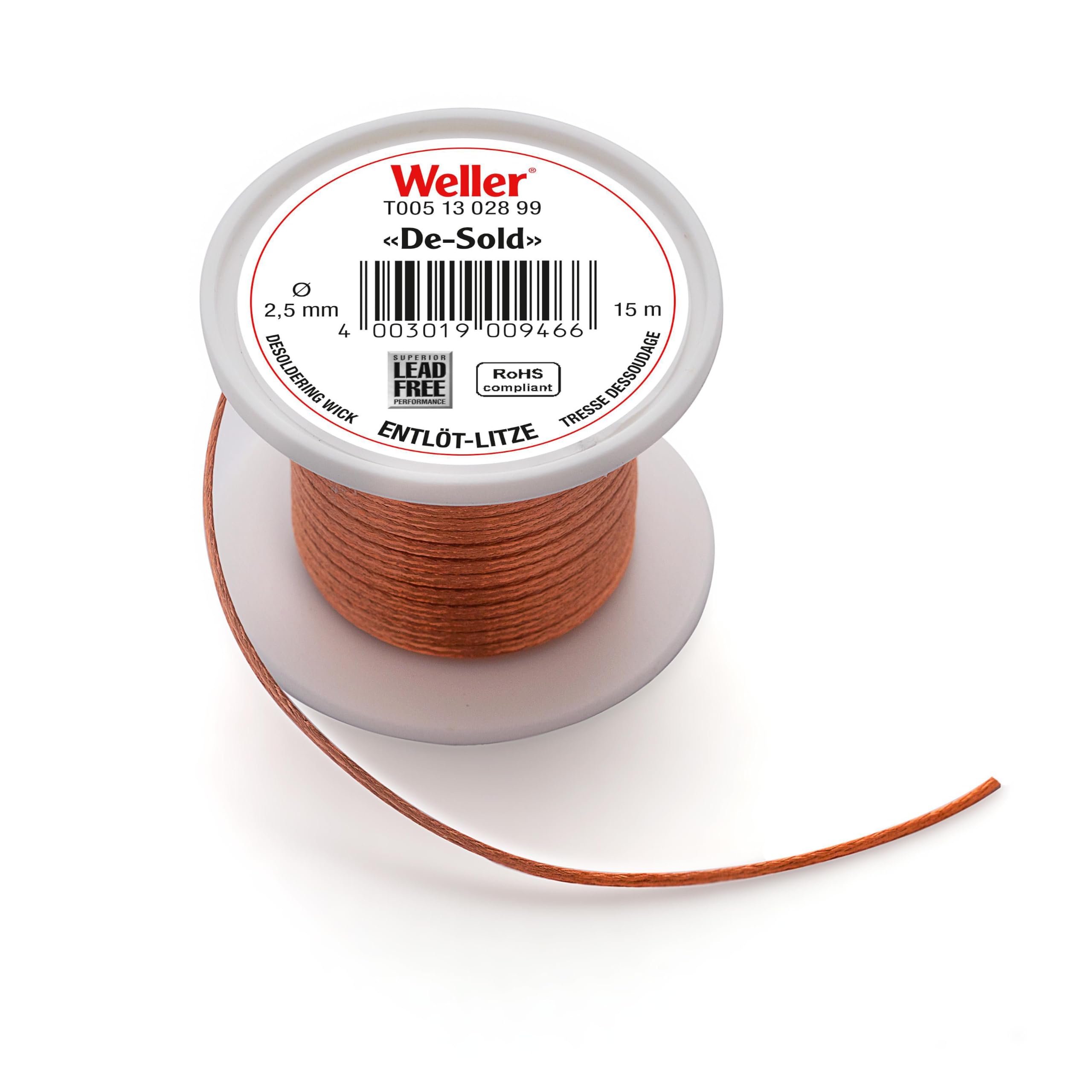 Weller T0051302899 rozlutowywanie | szpula 15 m | szerokość 2,5 mm | oplot miedziany nasączony topnikiem | szybkie i czyste usuwanie cyny lutowniczej | do elektroniki i naprawy płytek drukowanych