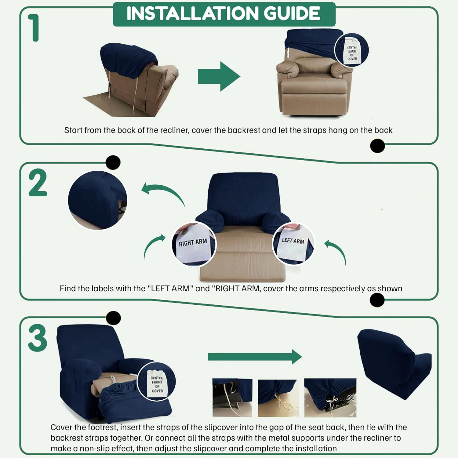 XINEAGE Stretch Recliner Chair Covers 4 Piece Recliner Covers with Storage Pockets Soft and Washable Recliner Slipcover Furniture Protector with Elastic Bottom Fit Pets & Kids (Navy)