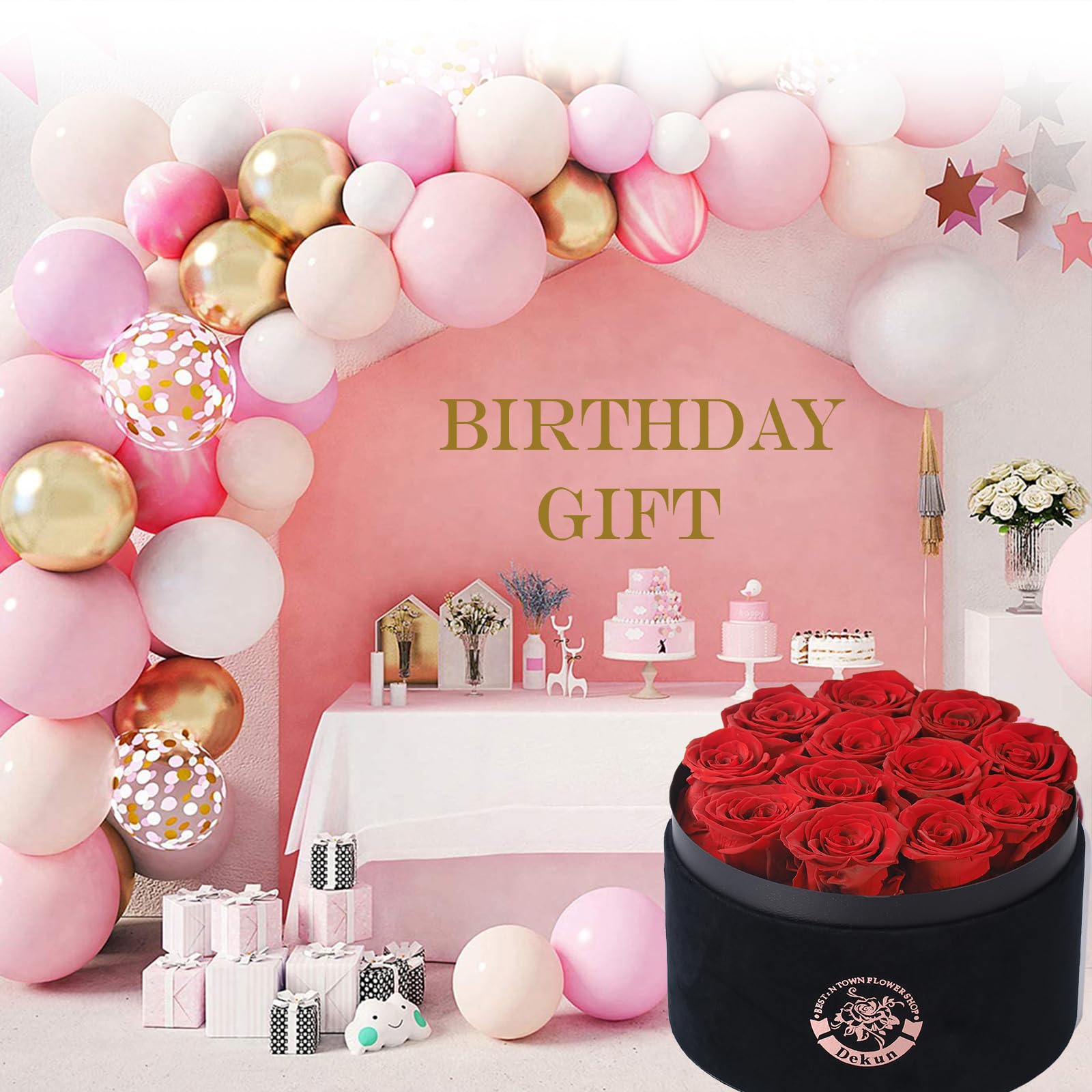 Dekun12 Rose Eternali Rosa Eterna nella Scatola 12 Regali di Rosa Eternizzata Regali per lei Regali Romantici Regali per Amici Regali per la Festa della Mamma Compleanno (Cassetta Nera e Rose Rosse)