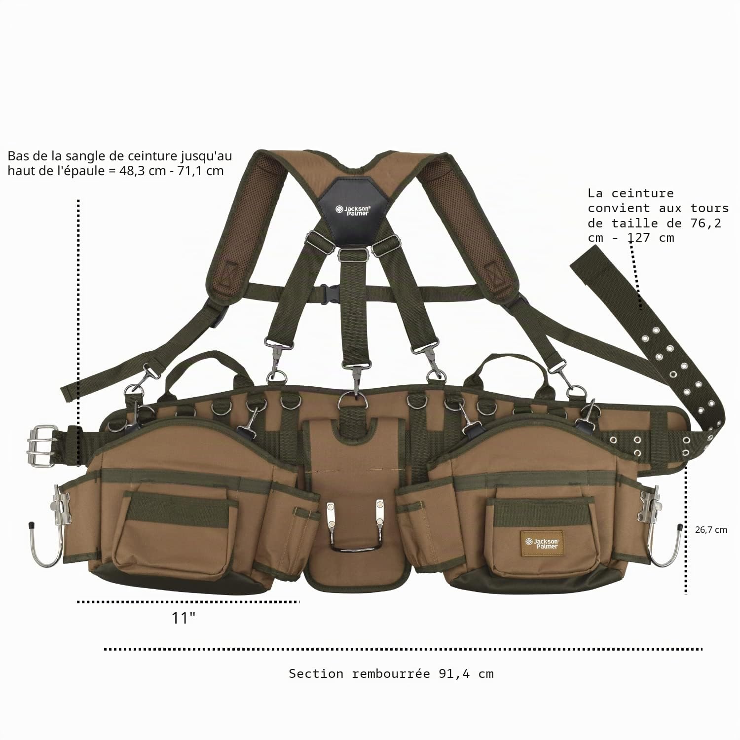 Jackson Palmer Ceinture à outils professionnelle Comfort-Rig avec bretelles réglables (poches amovibles et 2 crochets électriques) – Marron clair et vert