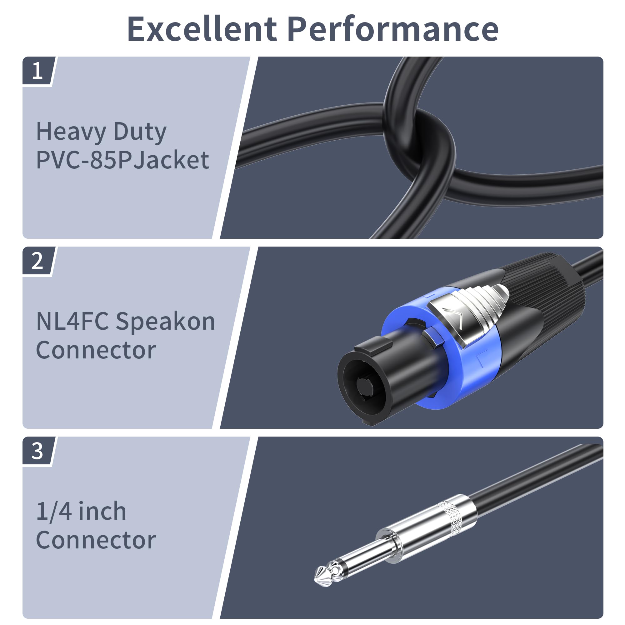 10M 2pack Speakon a 1/4" TS Cable de Altavoz 15 Gauge para Amplificadores de Audio con Conector Twist Lock para DJ/PA Audio de Alta Resistencia