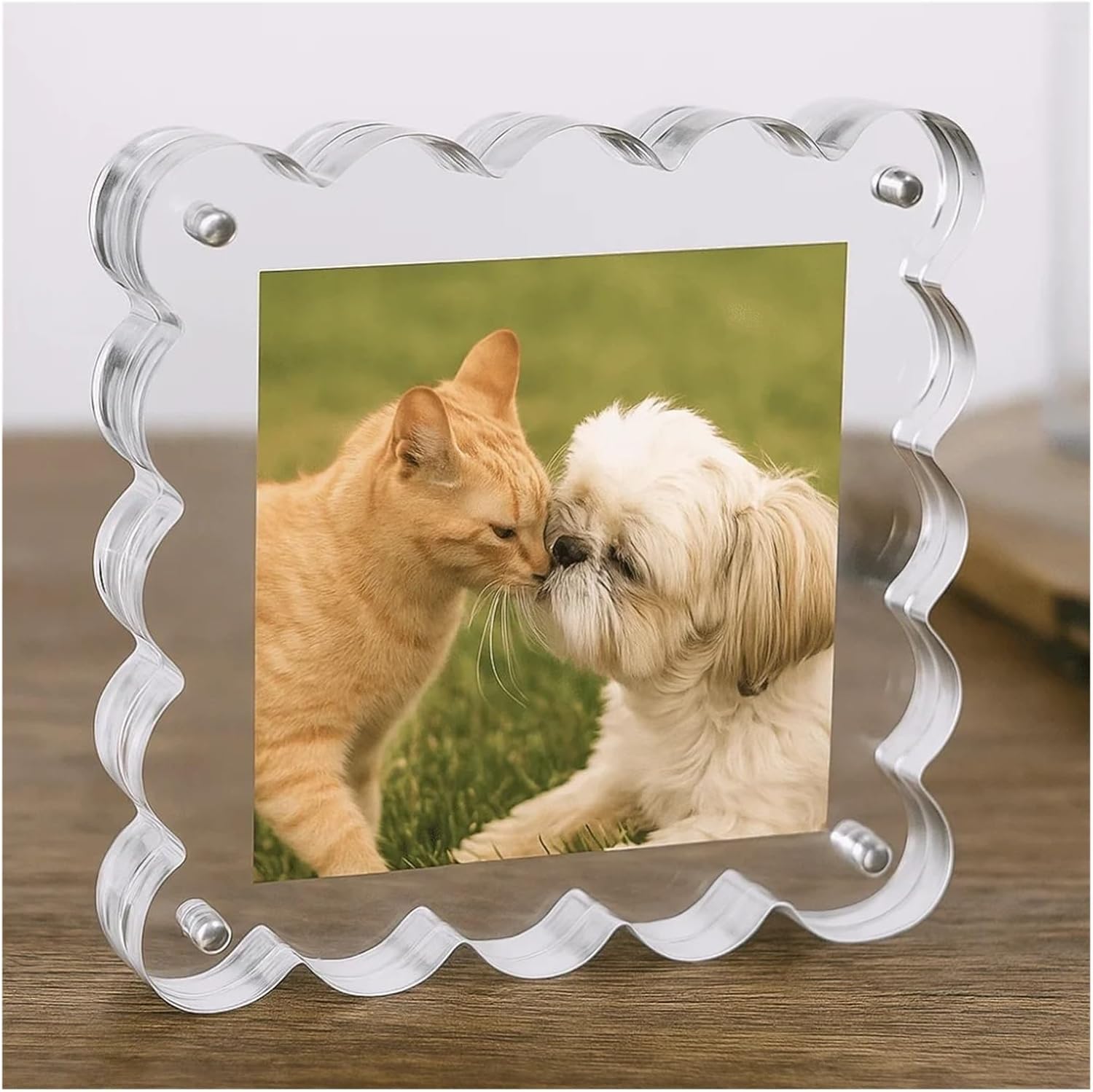 Magnetic Scalloped Photo Frame 4x6 In & 5x7 In evident Thickened Acrylic Freestanding Desk Display For Memorial Pictures(4x6 inches)