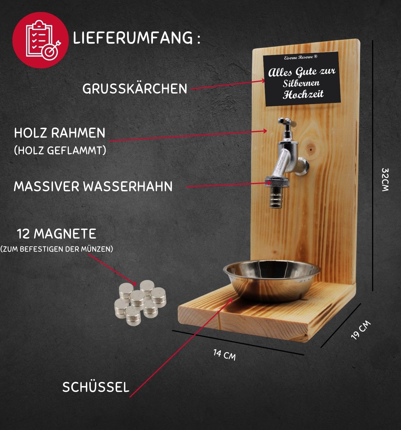 Geschenk zur Silbernen Hochzeit - Eiserne Reserve Geldhahn Geldgeschenk originelle lustige Geschenk Geld verschenken - Text s/w Alles Gute zur Silbernen Hochzeit