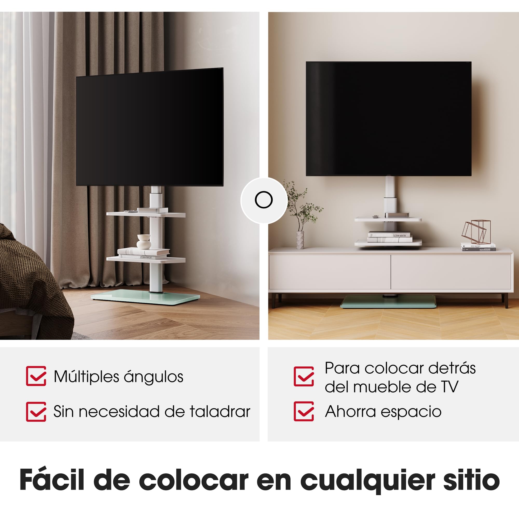 AOKCOS Soporte de TV para 32 a 70 Pulgadas, Soporte de Suelo para TV de 1350 mm de Altura, Ajustable en Altura, Giratorio, Inclinable, Soporte de TV con 3 Estantes (Blanco)